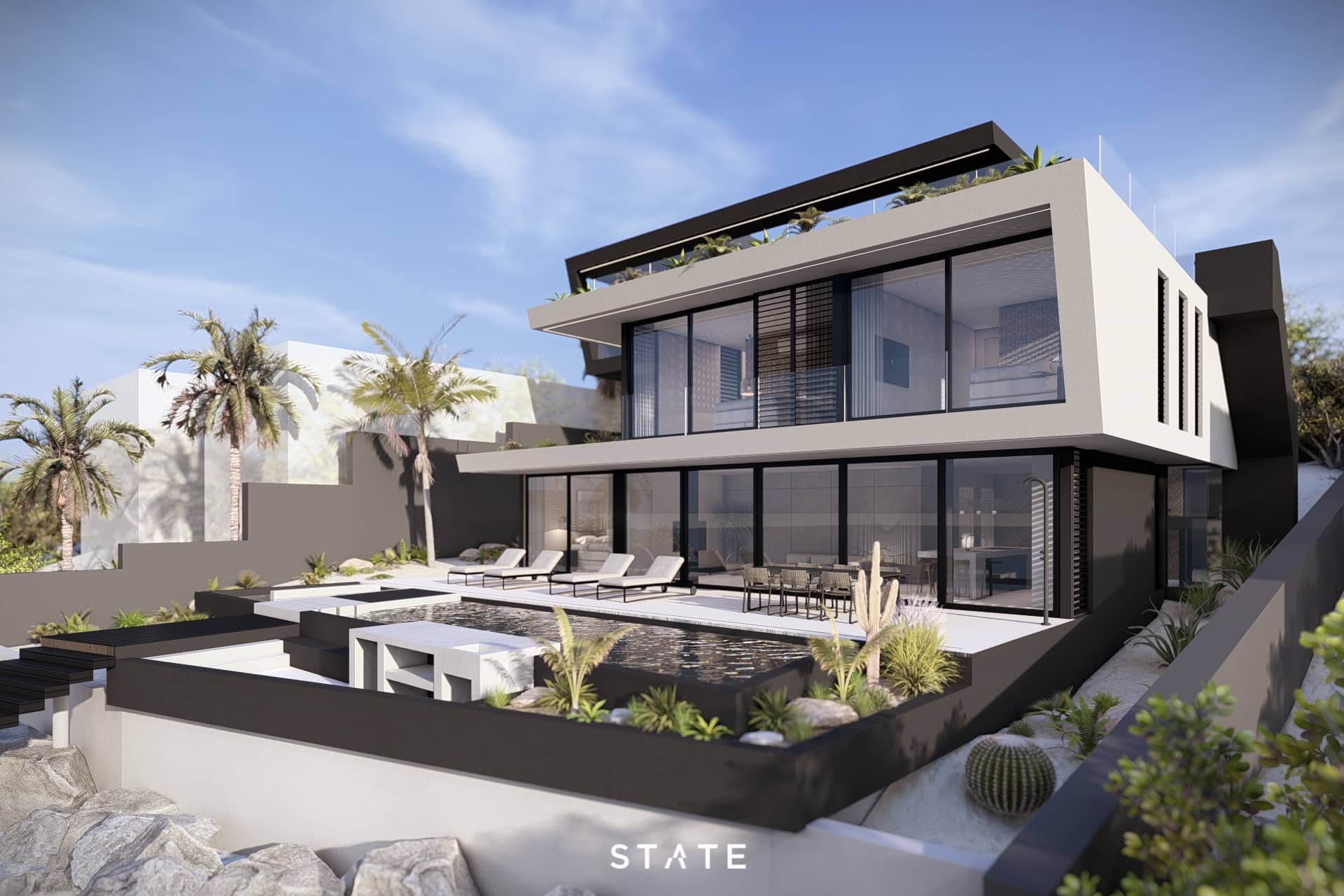 Moderne villa ontwerpen met waterrelatie, zichtlijnen en tropische architectuur