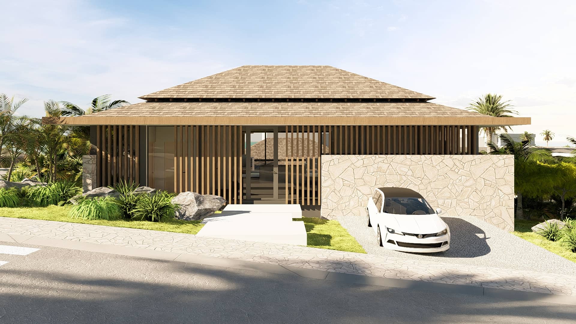 Vooraanzicht van een luxe villa met houten gevelaccenten en carport