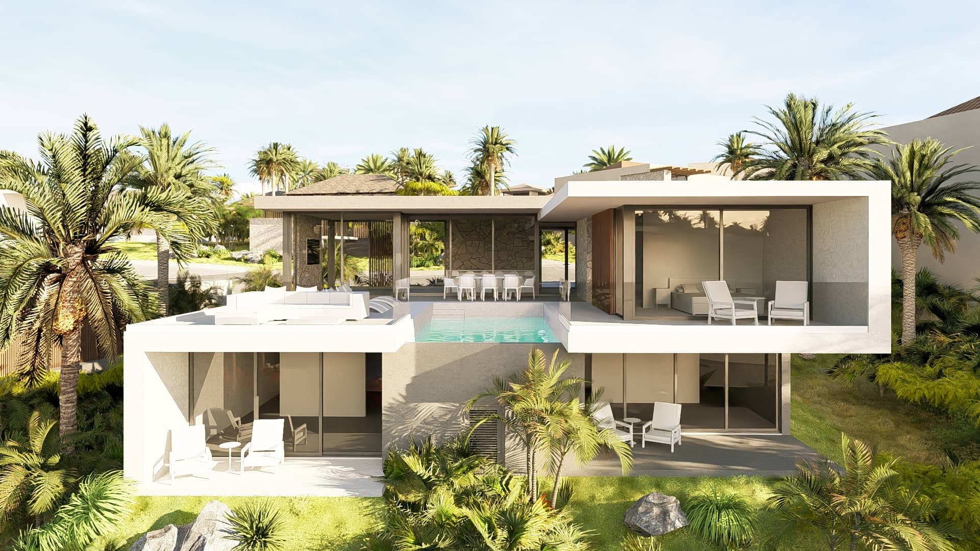 Achterzijde van een moderne villa met zwembad, terras en open leefruimtes