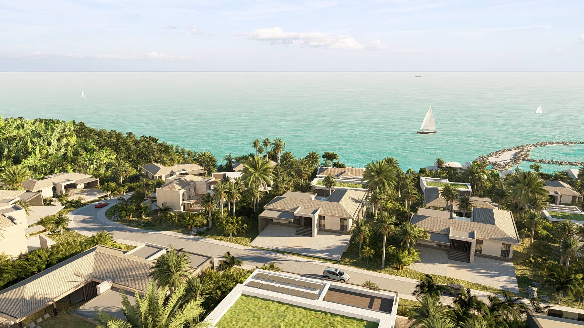 Luchtbeeld van Tierra del Mar met luxe villa's, tropische beplanting en uitzicht op de Caribische Zee
