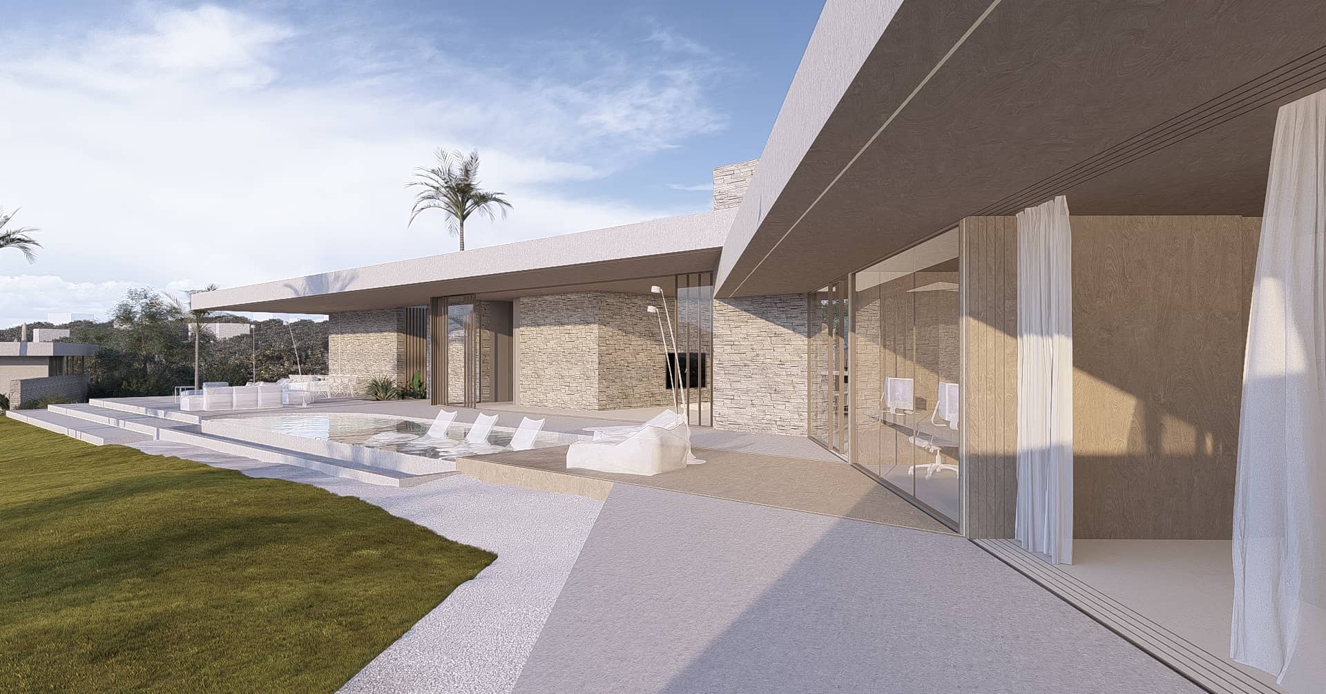 Moderne villa gevel met grote glaspartijen