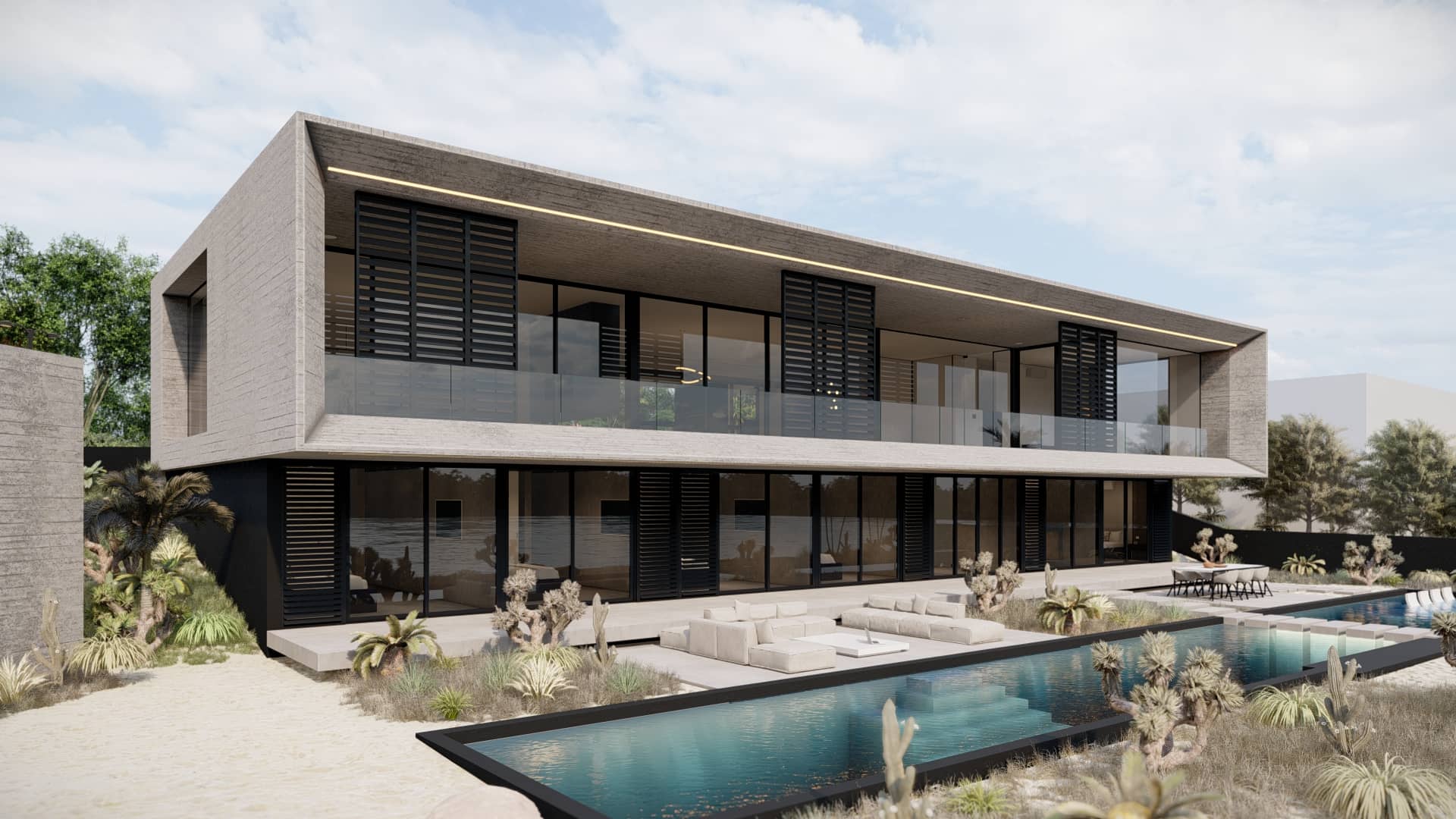 Moderne villa aan het water met glasgevels en luxe architectuur.