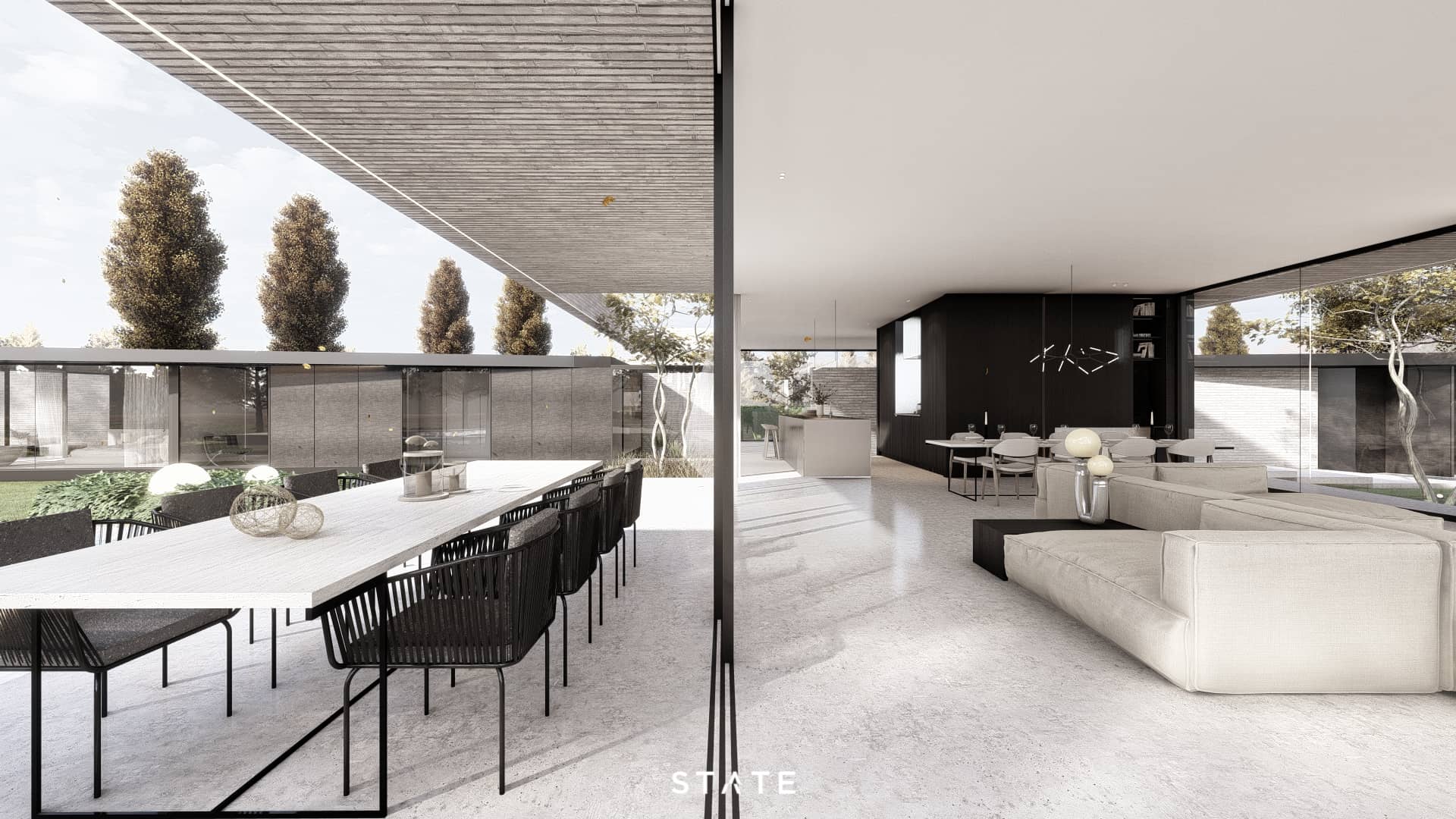 Moderne luxe villa met open leefruimte, grote glaspartijen en een overdekt terras dat interieur, tuin en buitenleven met elkaar verbindt.