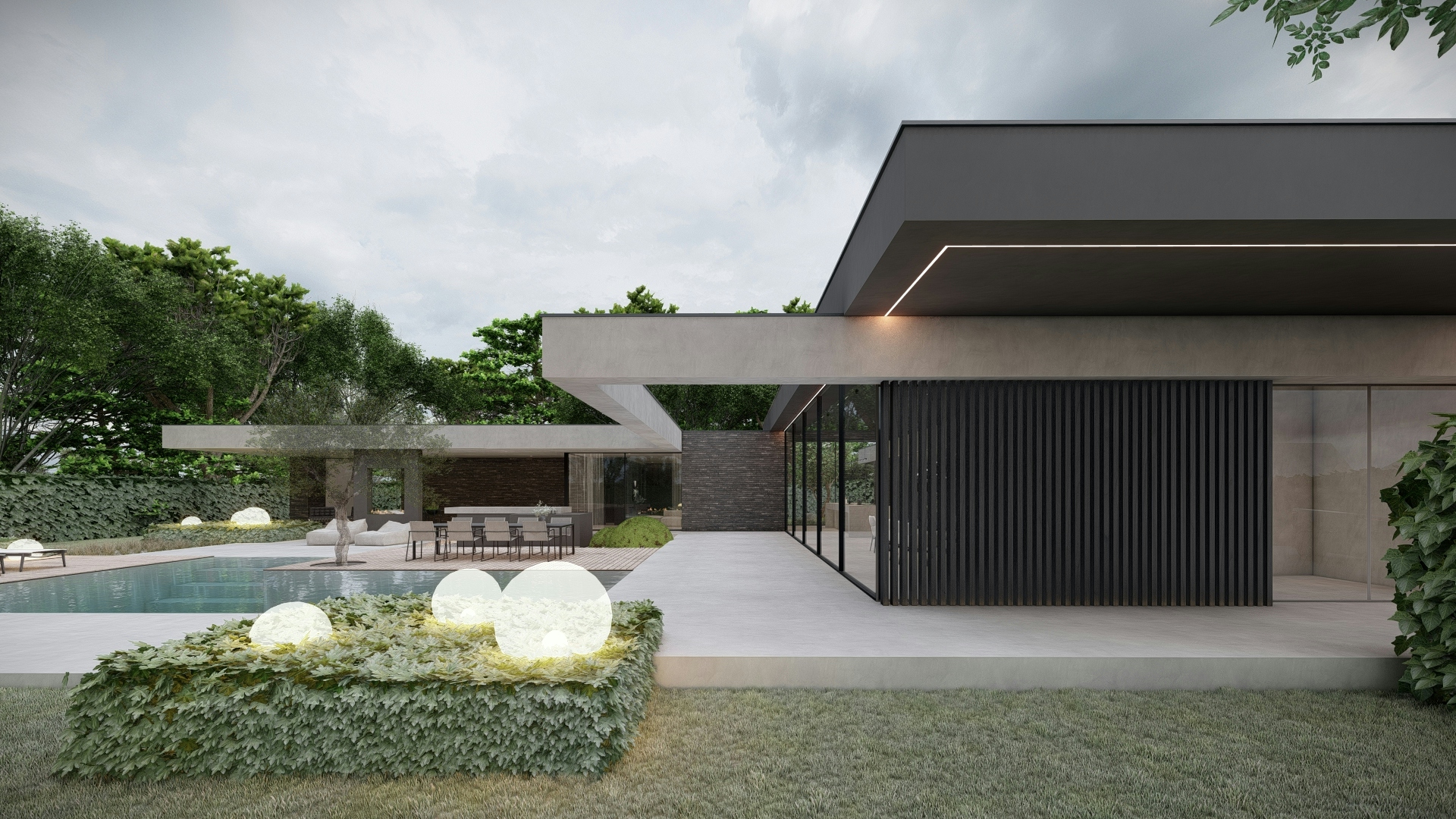 moderne entree, villa woning, moderne bungalow, minimalistische woning, betonwoning, led lijnen