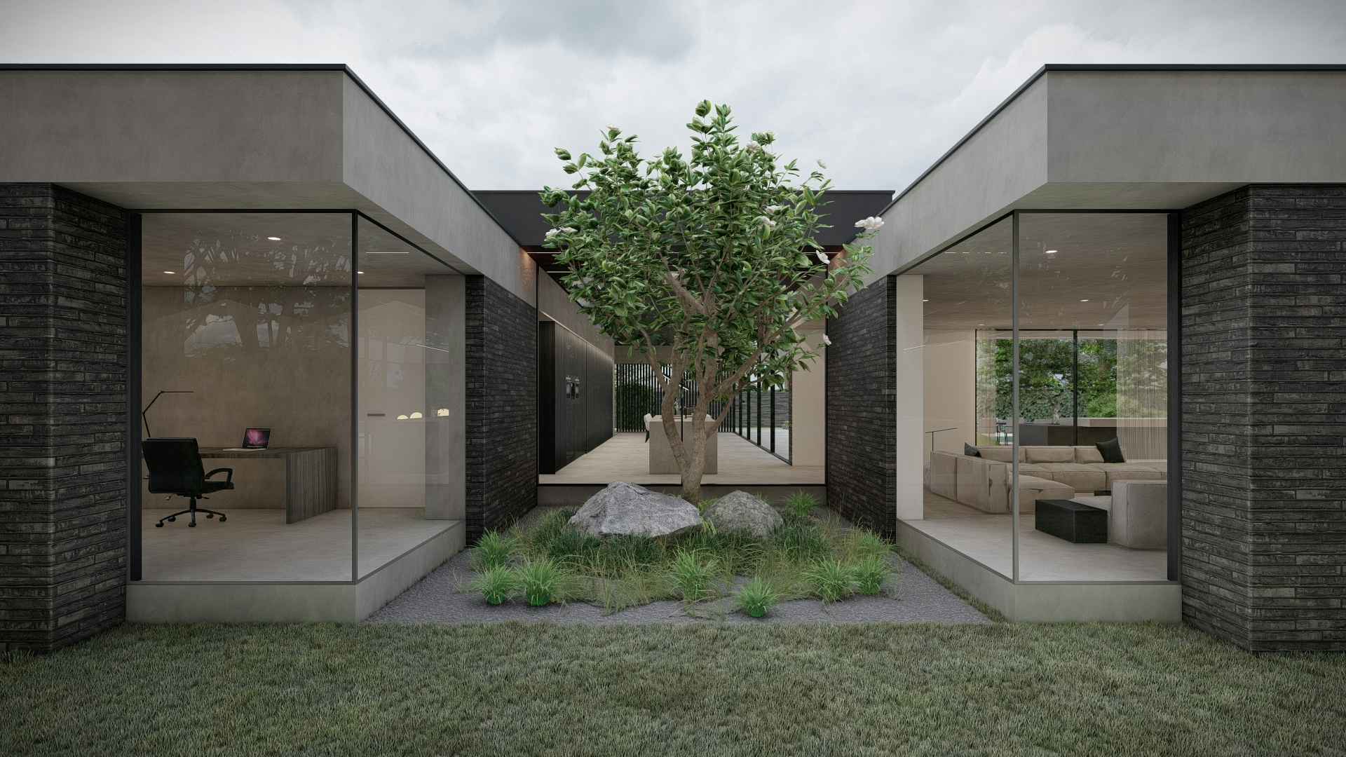 moderne patio tuin, moderne architectuur baksteen, petersen tegl, moderne baksteen, minimalistische, bungalow, levensloopbestendig, moderne bungalow