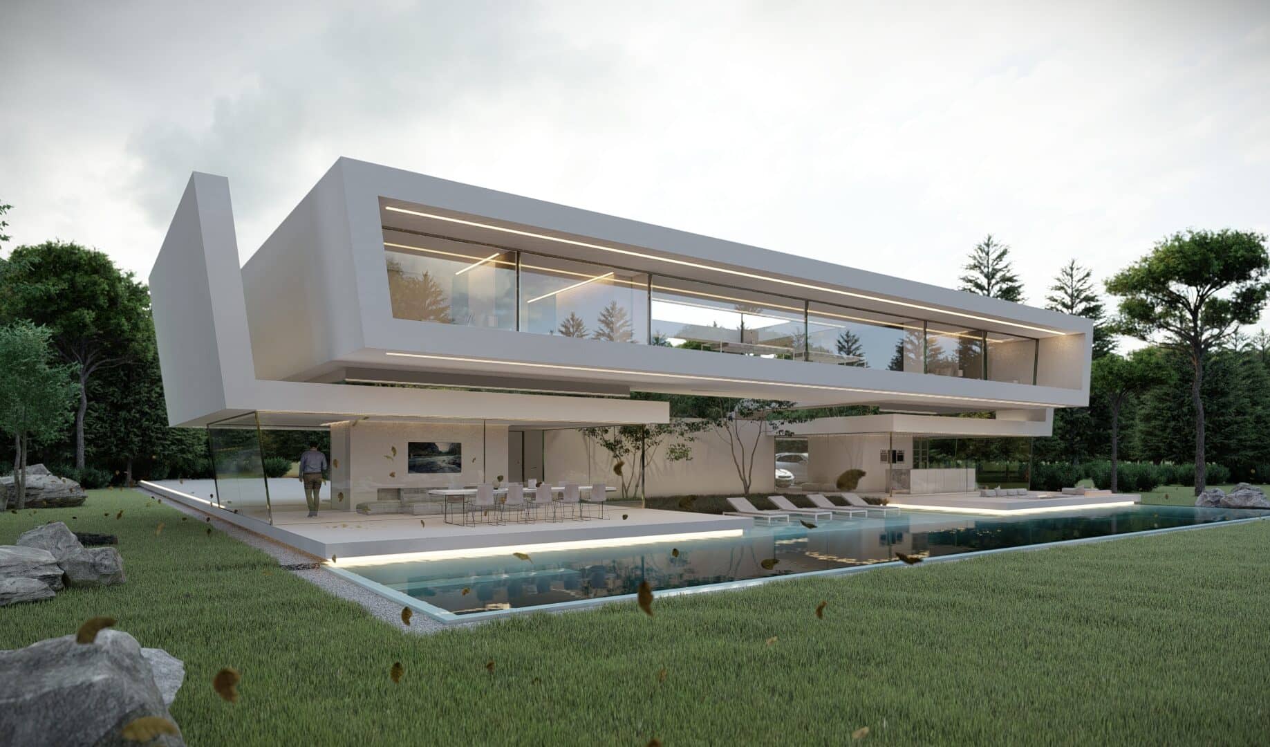 Exterieur van de 7 Series House – moderne villa met zwevend bovenvolume, witte stucco gevel en ruime glazen ramen, ontworpen door STATE of Architecture in Laren, Nederland