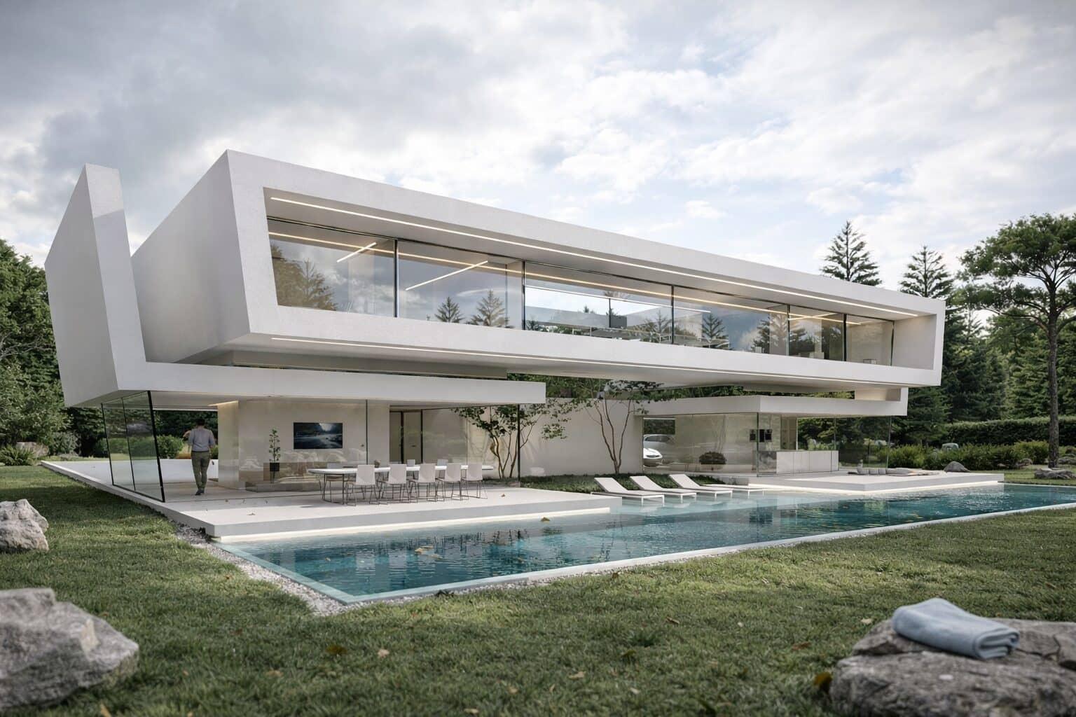 Exterieur van de 7 Series House – moderne villa met zwevend bovenvolume, witte stucco gevel en ruime glazen ramen, ontworpen door STATE of Architecture in Laren, Nederland