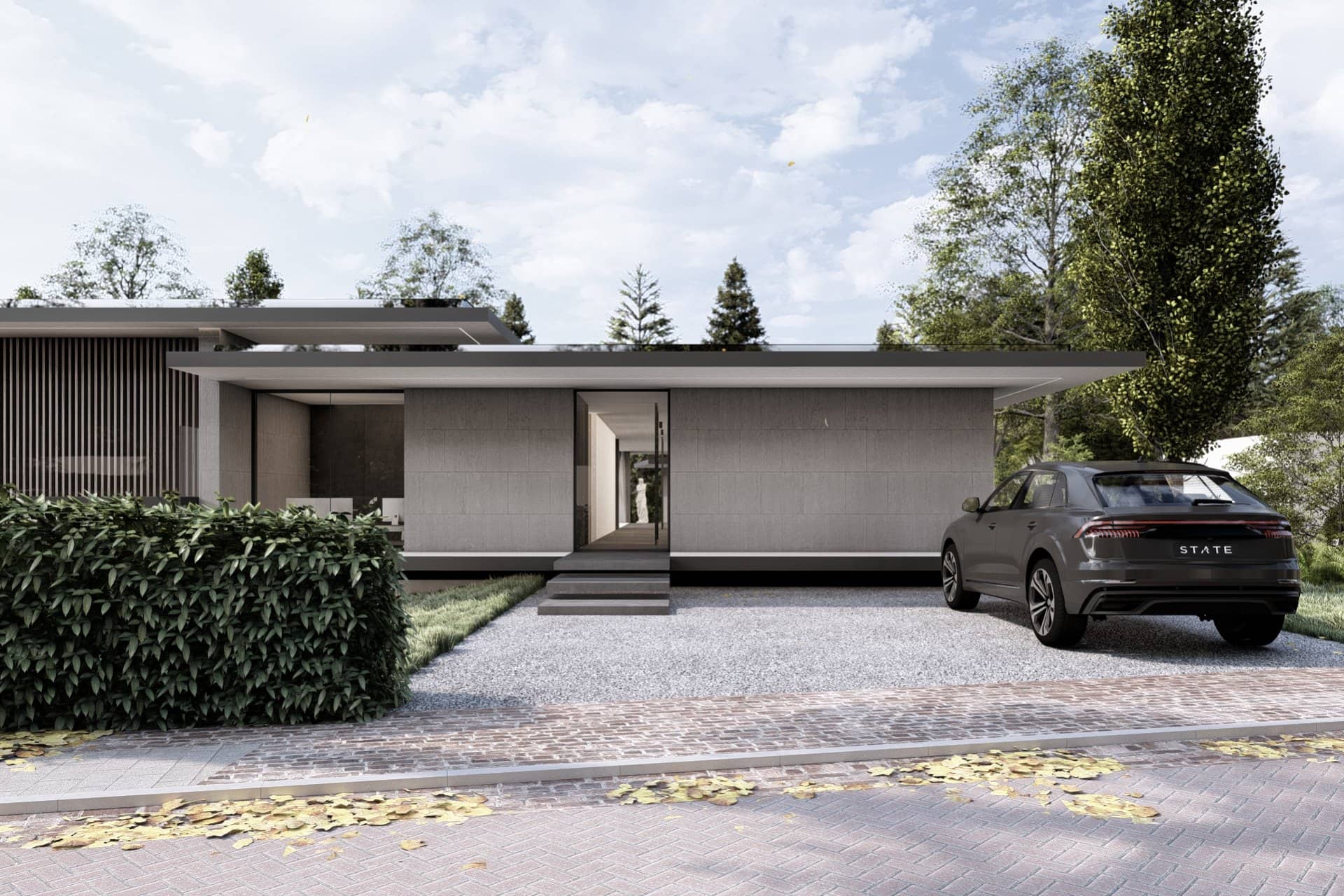 Buitenruimte met glazen gevel en transparante architectuur