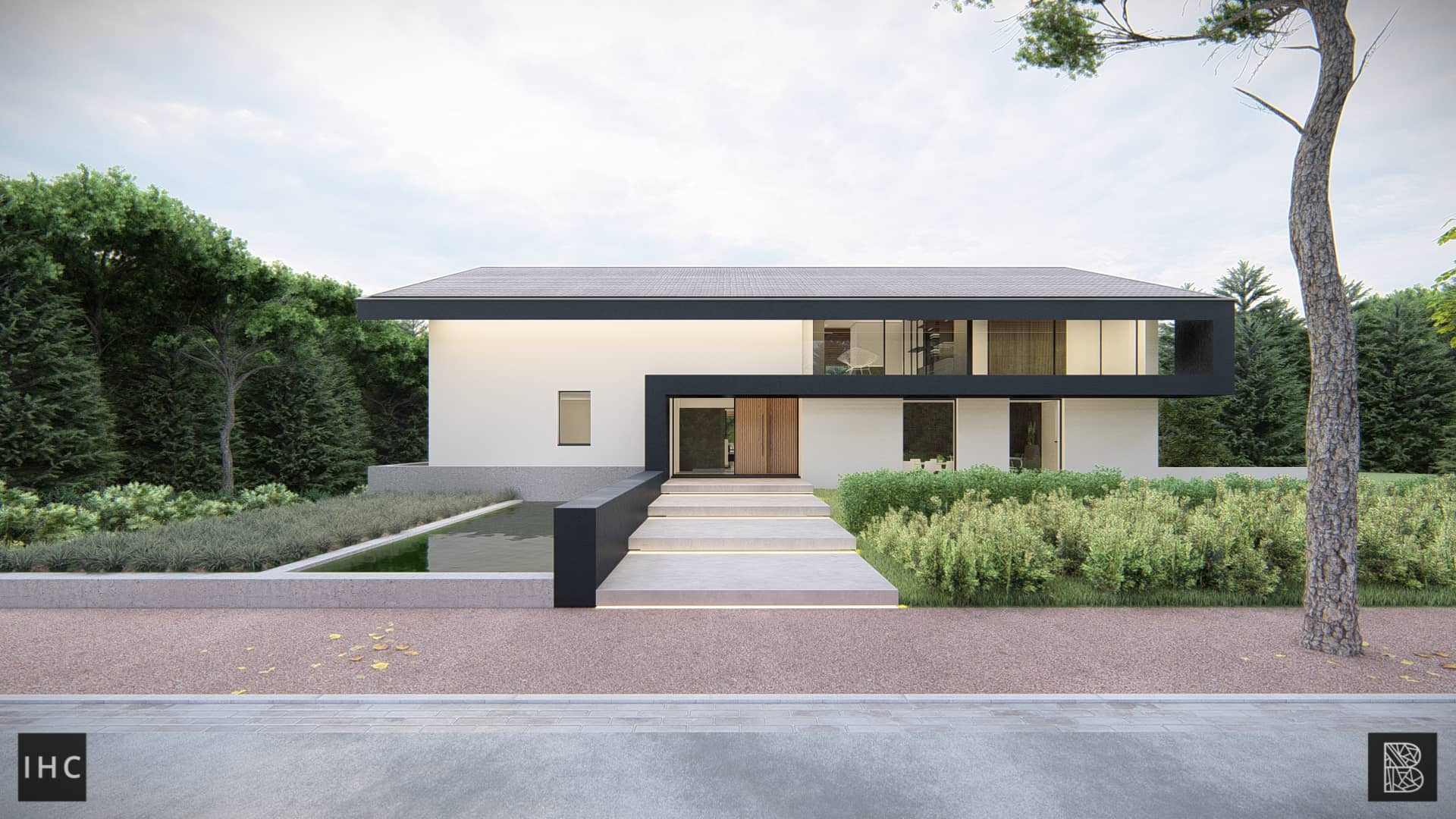 Render van een moderne villa minimalistisch vooraanzicht voortuin witte muren schuin dak groen