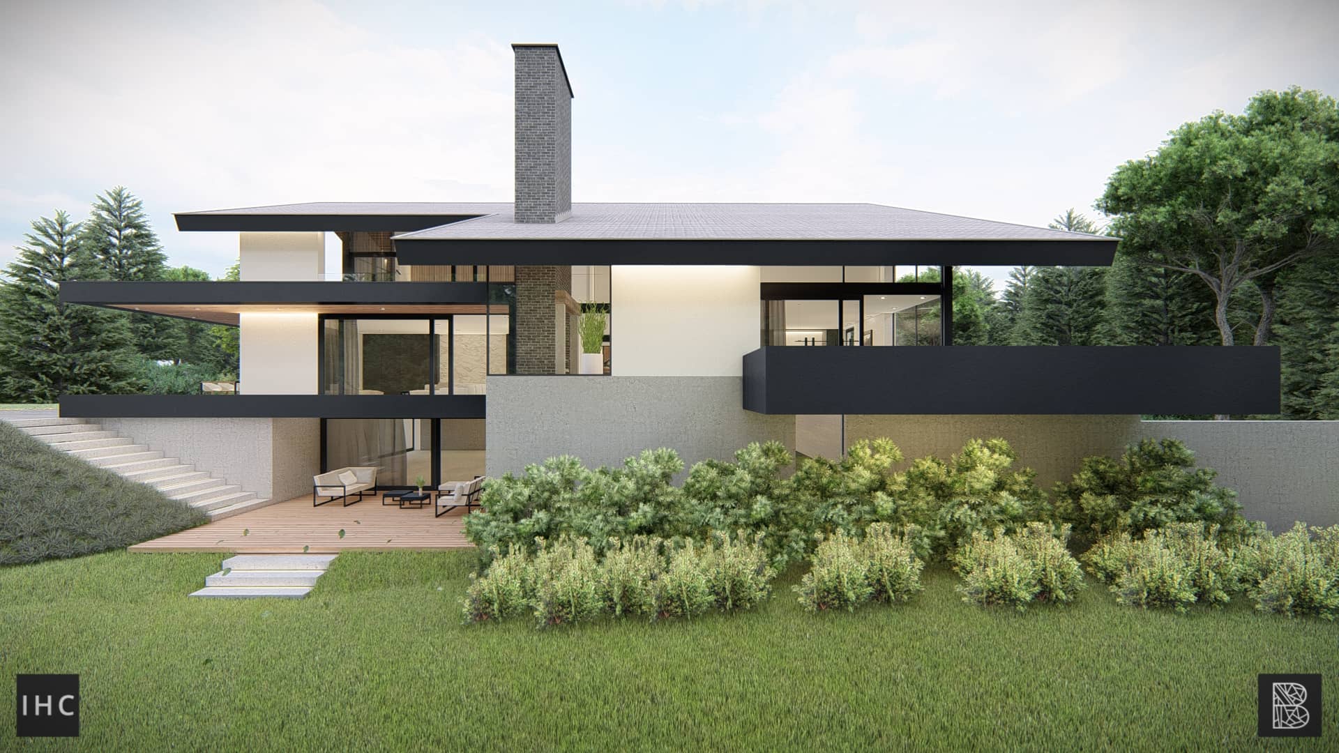 Visualisatie villa natuur glas beton transparant bossen bomen pad minimalisme strakke lijnen