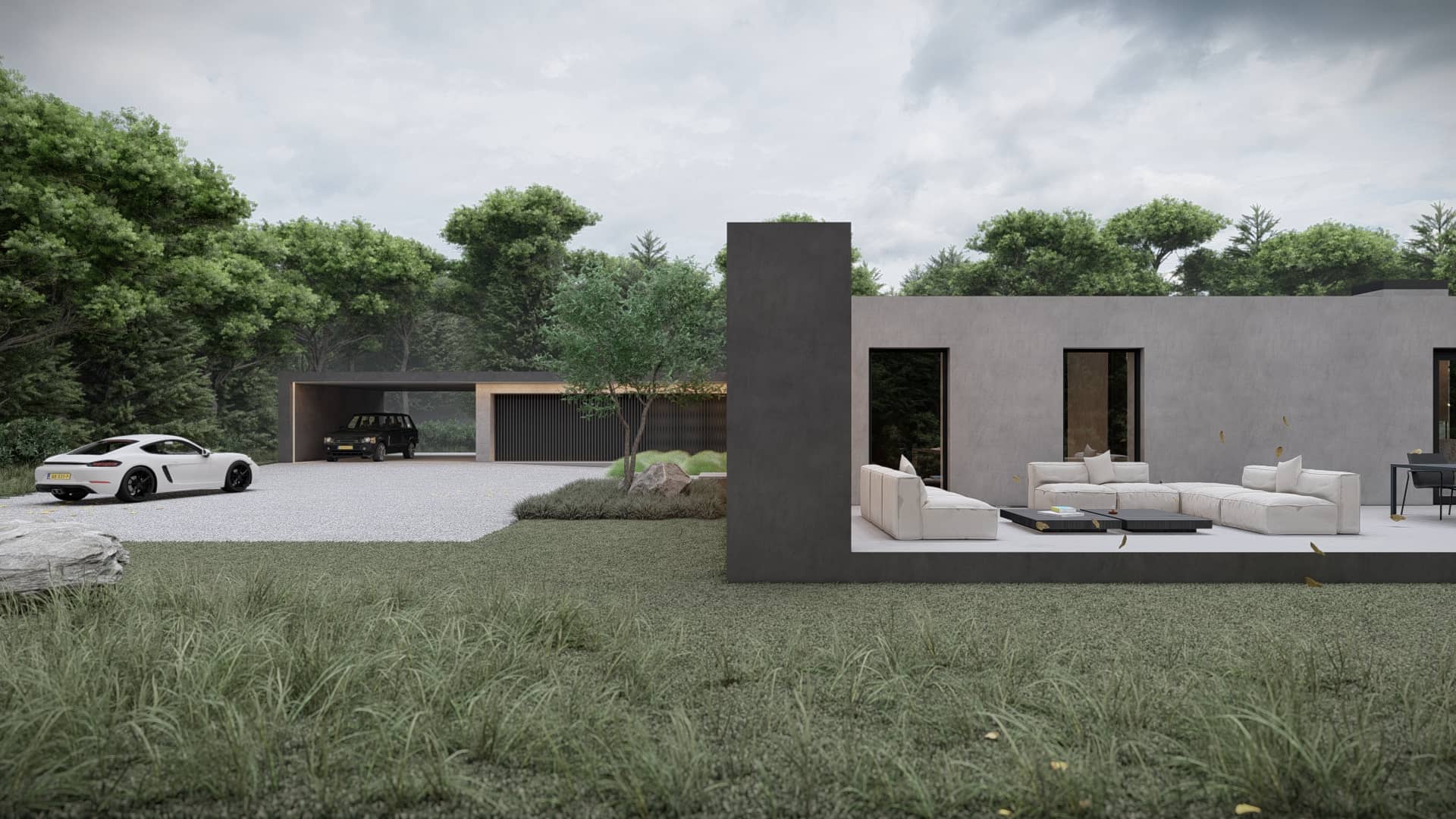 Moderne villa met grindoprit, carport, witte sportauto, open loungegedeelte en strakke gevels in een groene bosrijke omgeving.