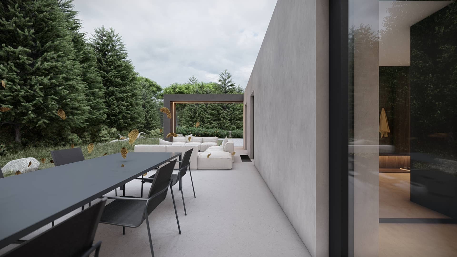 Modern terras met zwarte eettafel, lichte lounge, strakke gevel en zicht op omliggende bomen en tuinbeplanting.