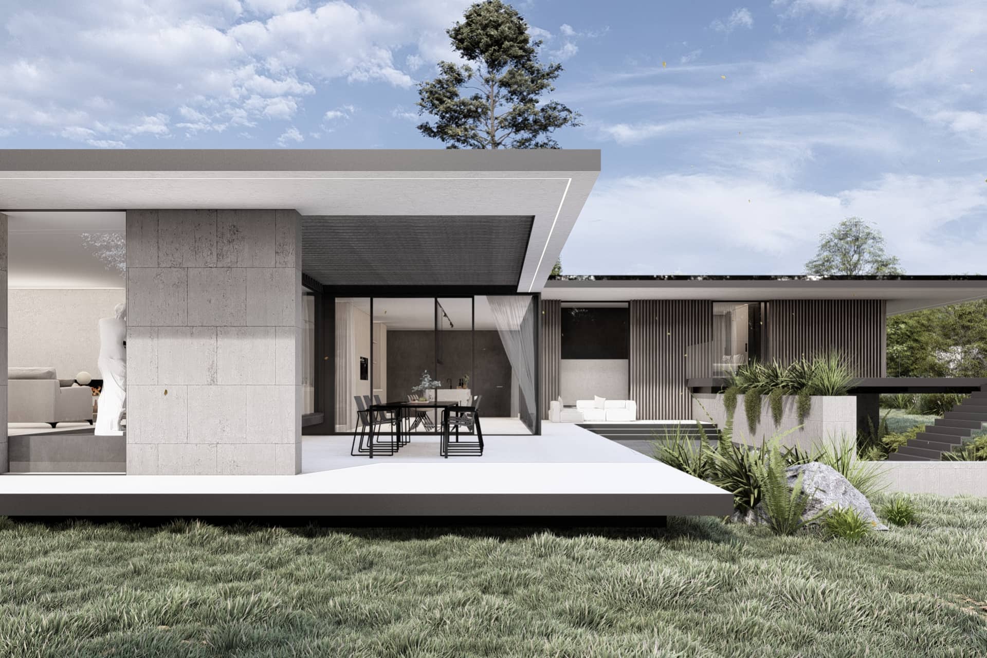 Moderne design bungalow met brede dakoverstekken, terras, groene tuin en open zichtlijnen.