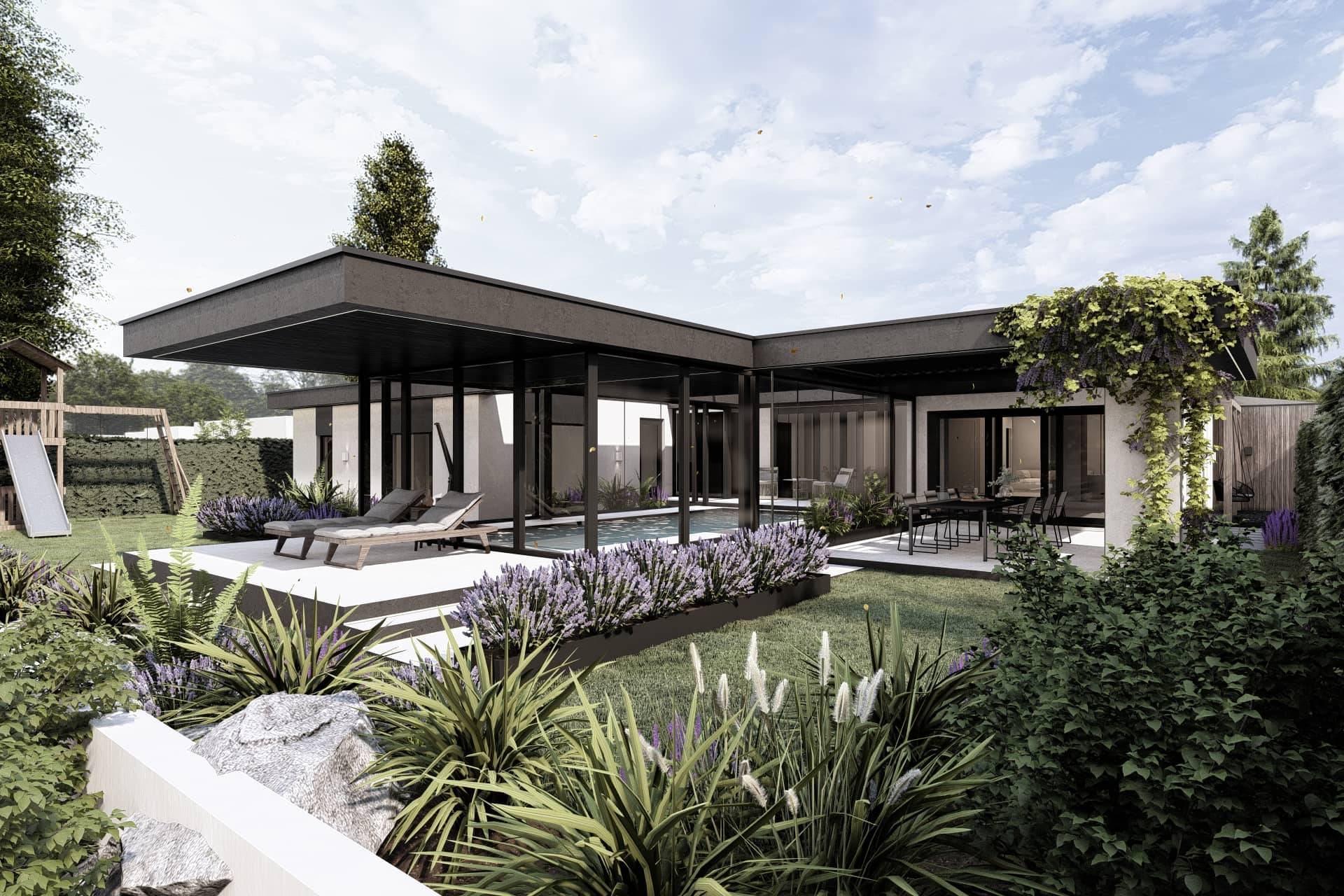Ruime tuin van een design bungalow met overdekt terras, zwembad, loungeplekken en luxe buitenleven.