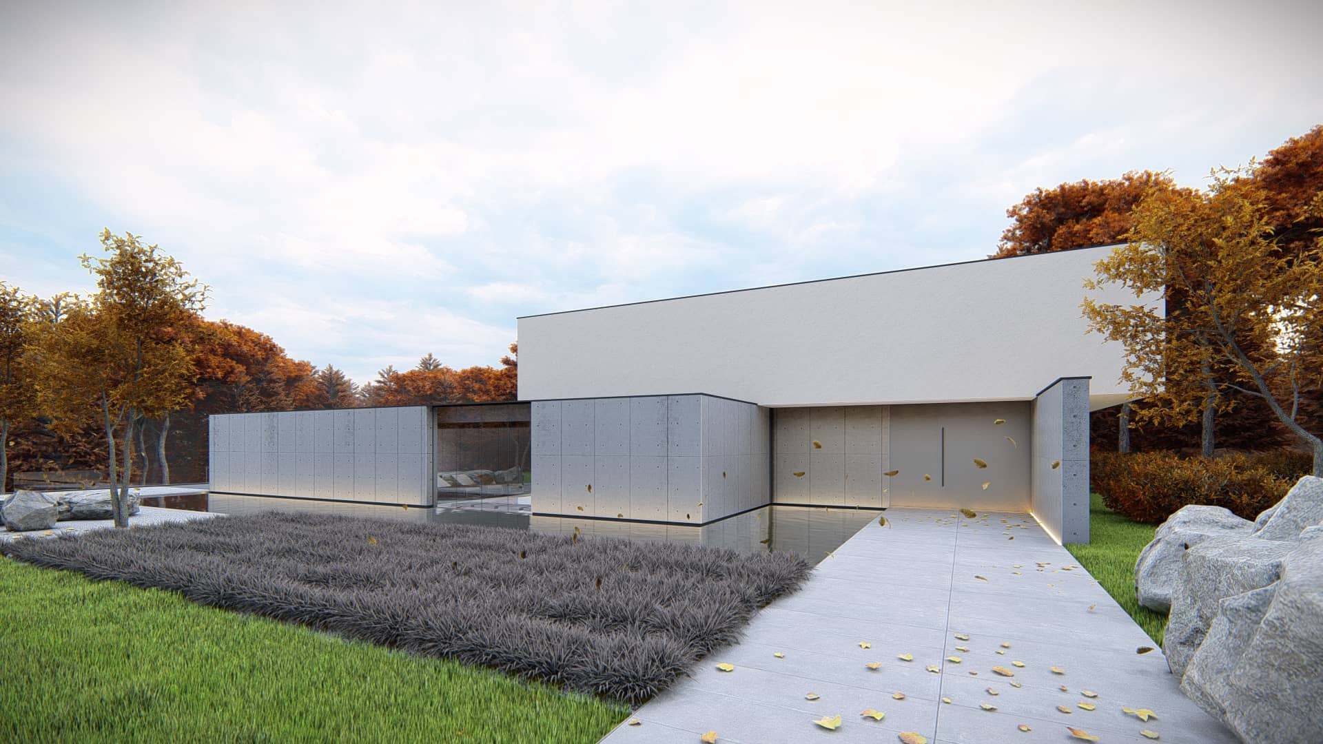 Moderne villa met schuine witte gevel, zwembad, ligbedden en natuurlijke omgeving met schapen.