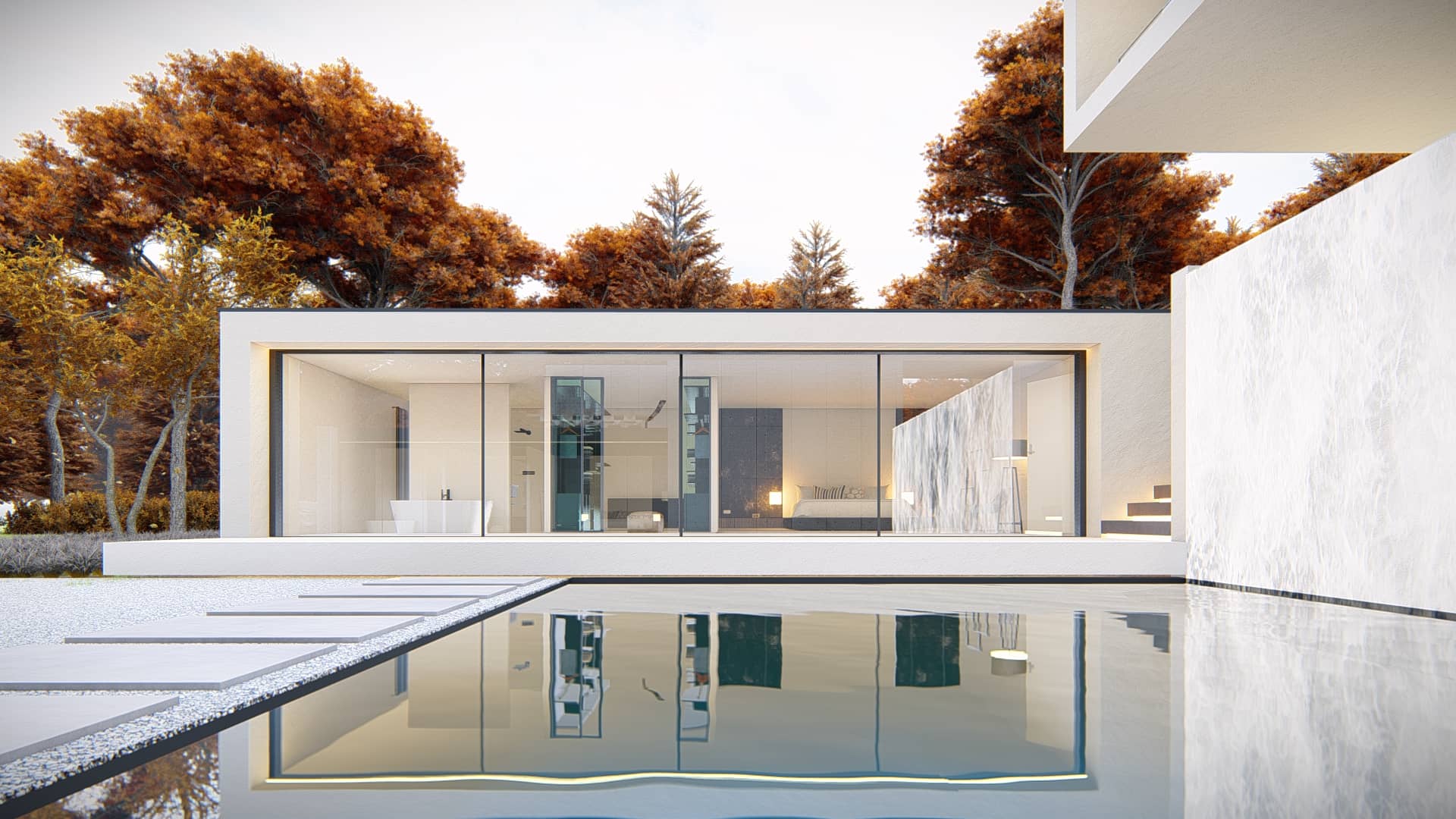 Moderne villa met donkere daklijnen, glazen gevel, buitentafel en open haard in de leefruimte.