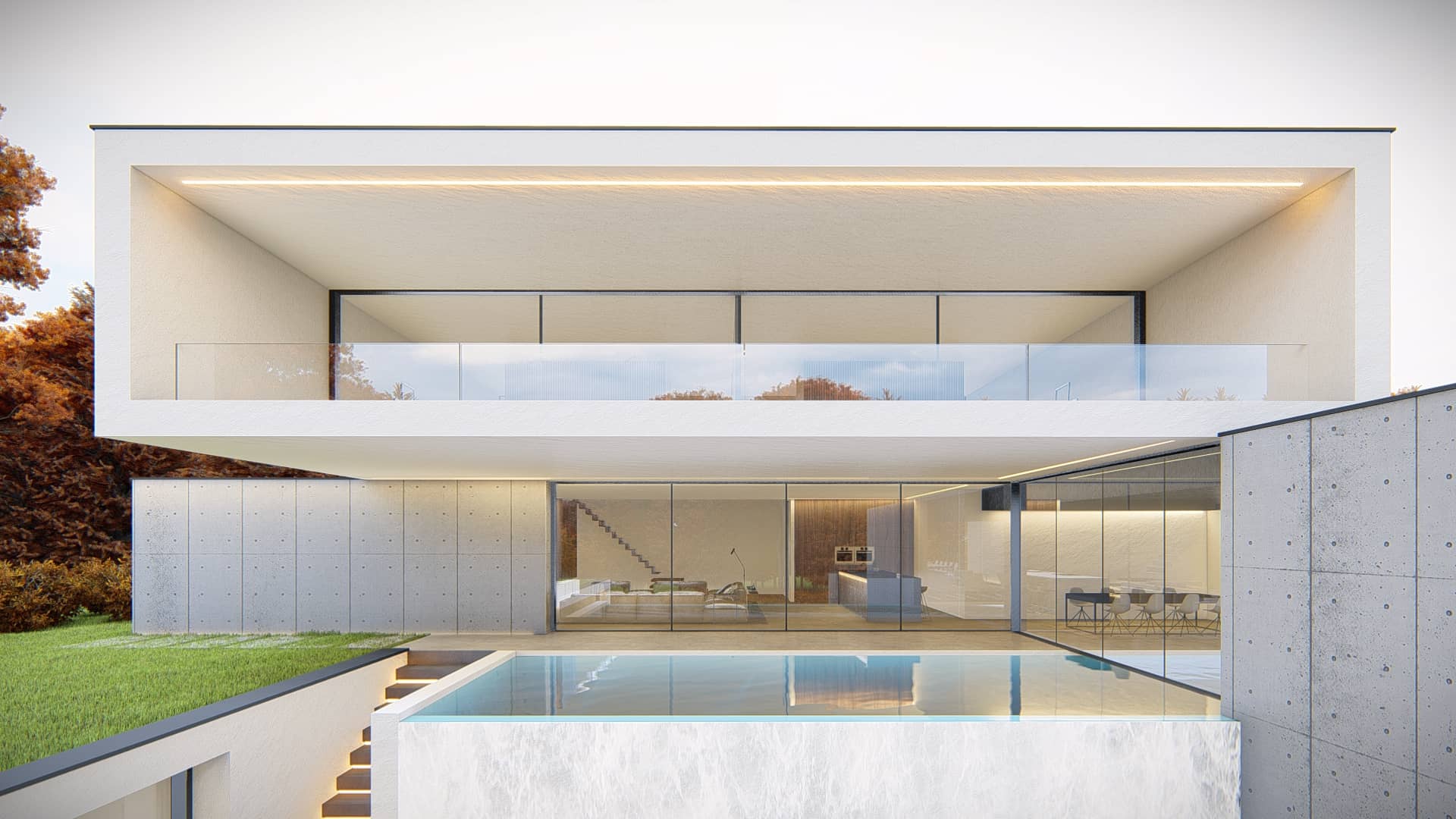 Moderne villa met overdekt terras, zwembad, glazen gevels en loungegedeelte aan het water.