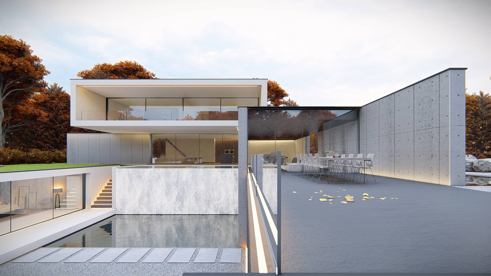 Moderne villa met zwembad, glazen wanden, luxe loungeplekken en geïntegreerde lijnverlichting.
