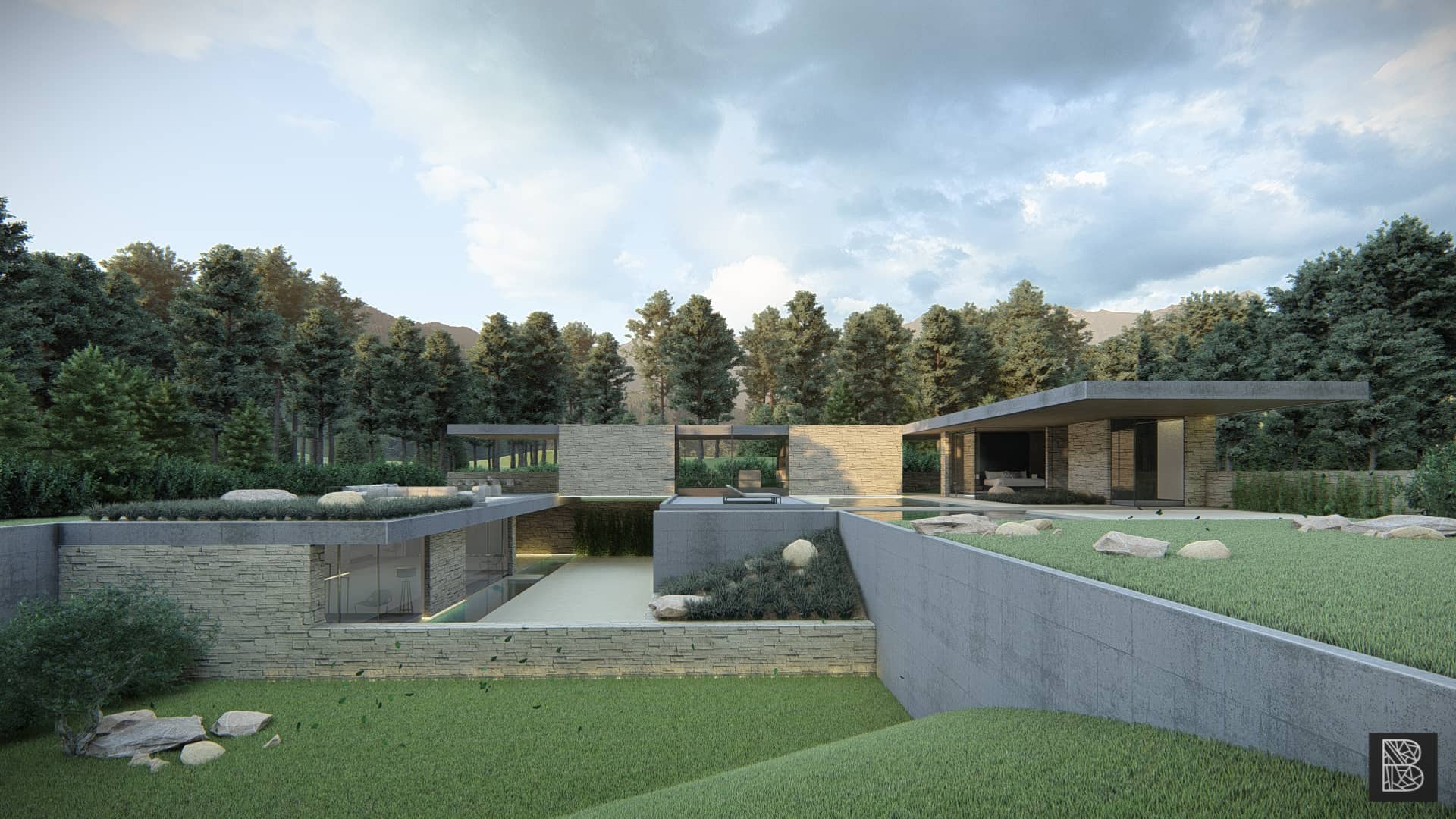 Ruime moderne villa met zwembaden, natuurstenen gevels, terrassen en uitzicht op bos en bergen.