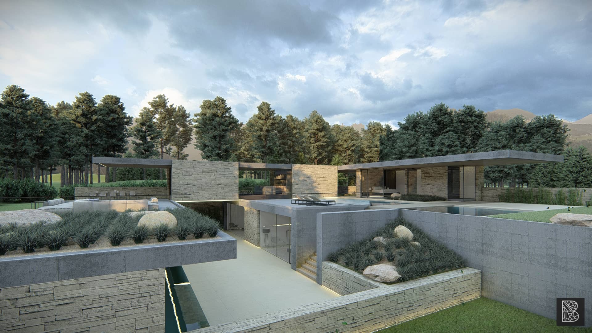 Moderne villa met natuurstenen gevels, zwembad, grasdak en strakke horizontale lijnen tussen de bomen.
