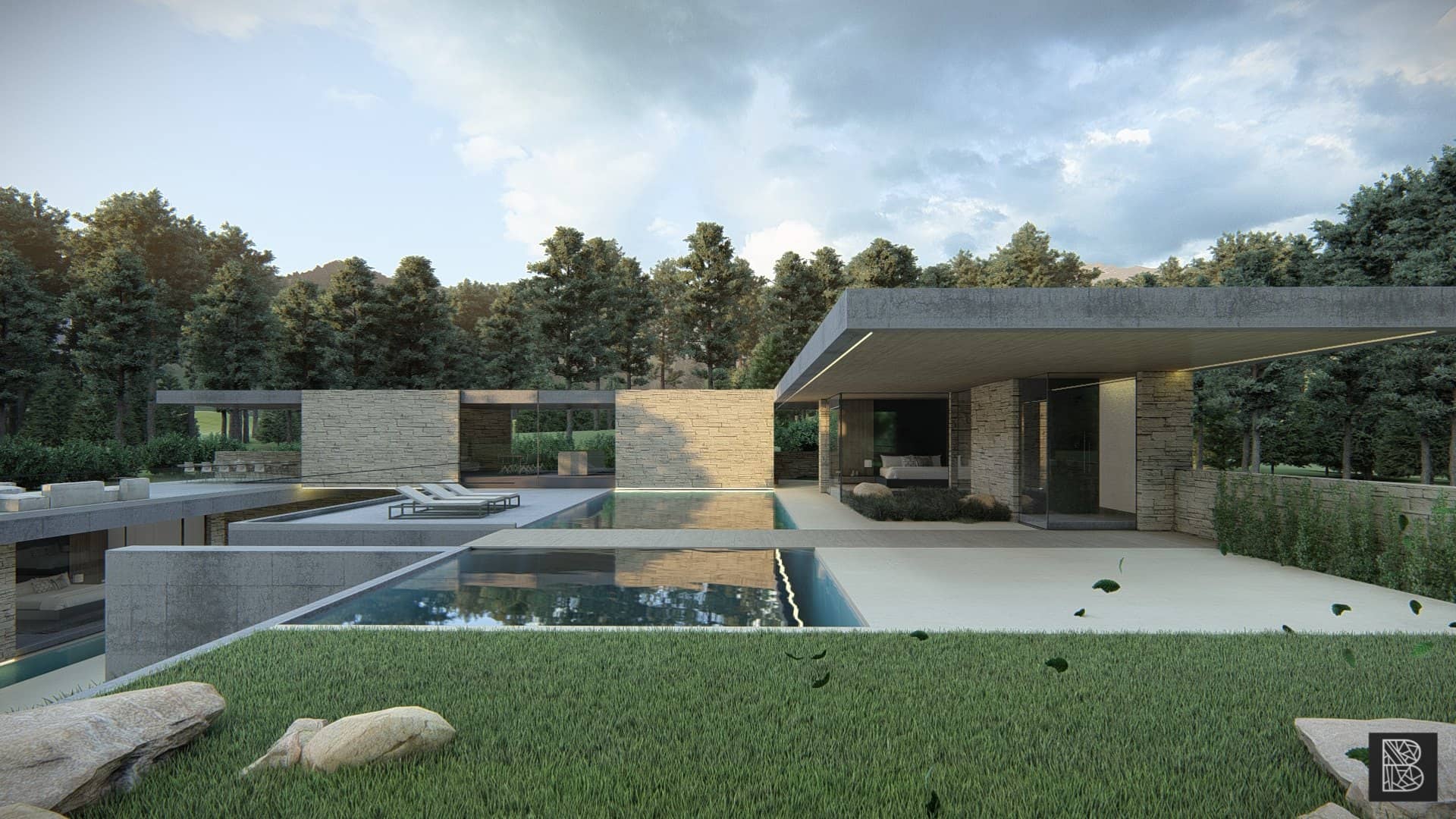 Moderne villa met meerdere terrassen, zwembaden, natuurstenen muren en geïntegreerde verlichting in een groene omgeving.