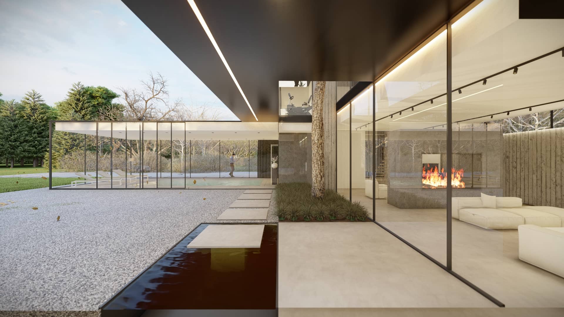 Moderne villa met glazen gevel, overdekte buitenruimte, waterpartij en zicht op de woonkamer met haard.