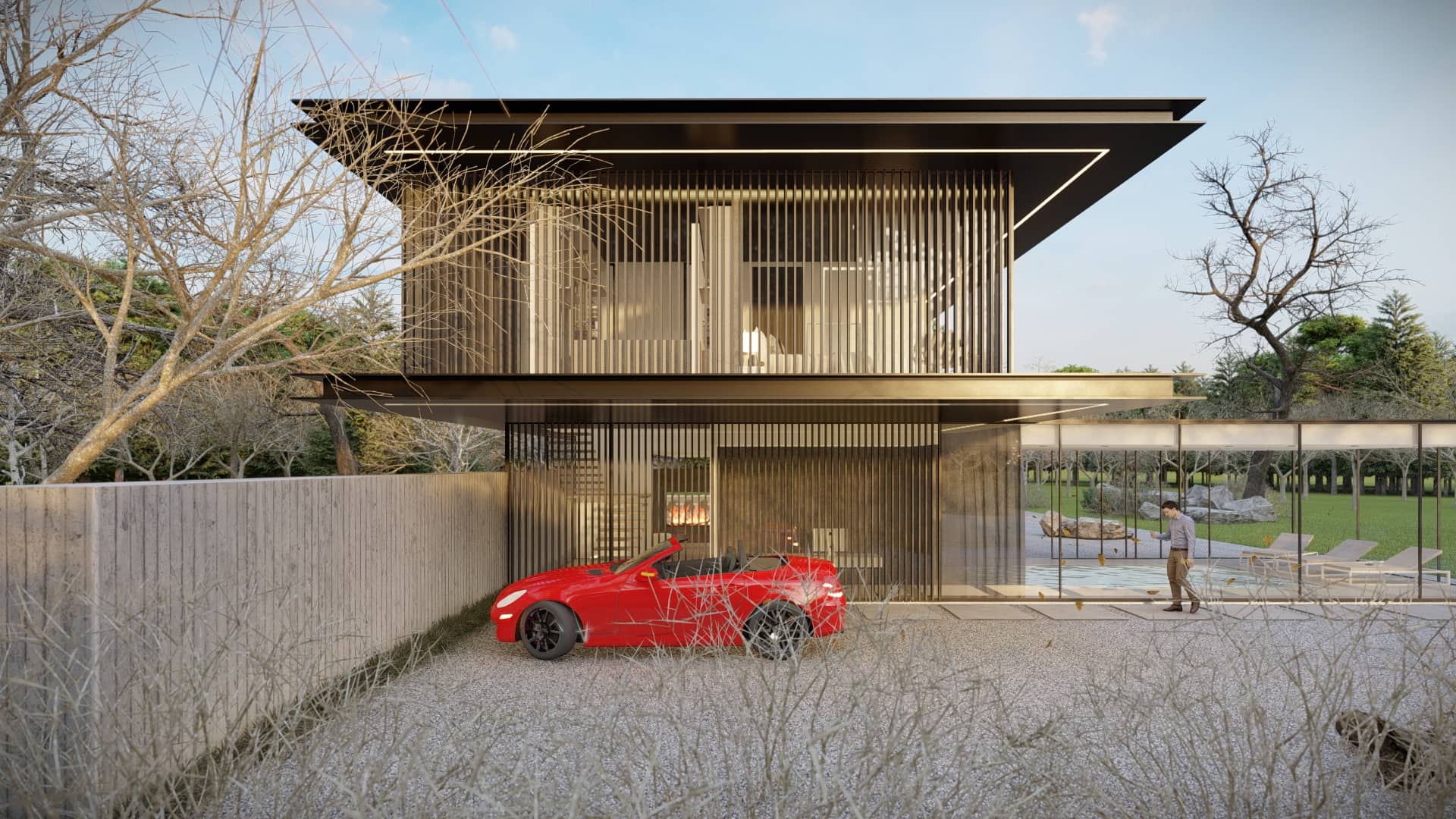 Moderne villa met glazen gevels, pooldeck, loungeplekken en open ligging aan het water.