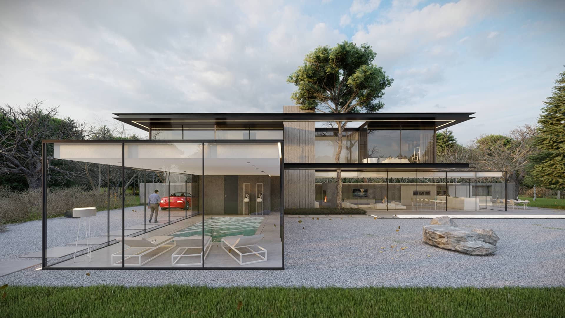 Moderne villa met glazen poolhouse, zwembad, ligbedden en een rode sportwagen bij de entree.