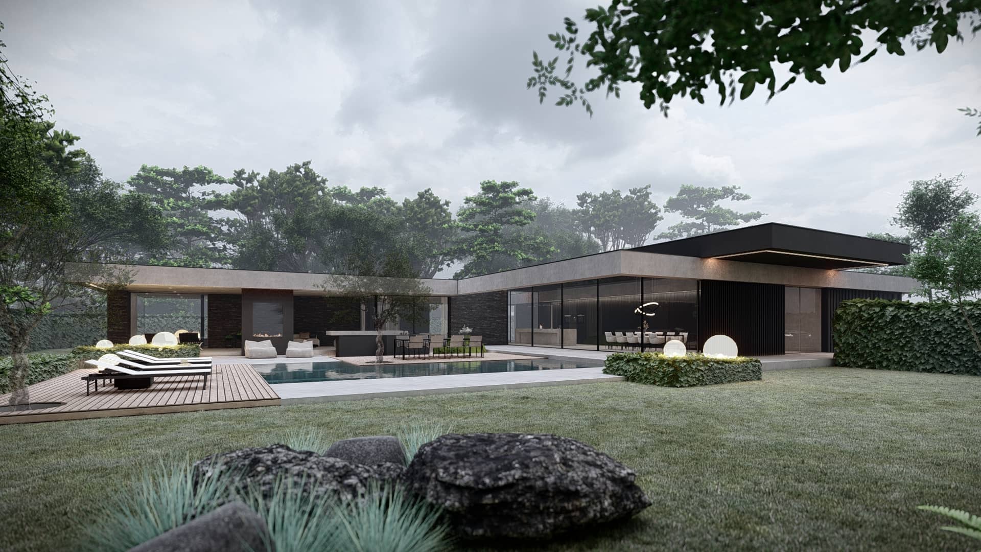 Moderne villa ontwerpen met bungalow architectuur en open binnen-buiten leven