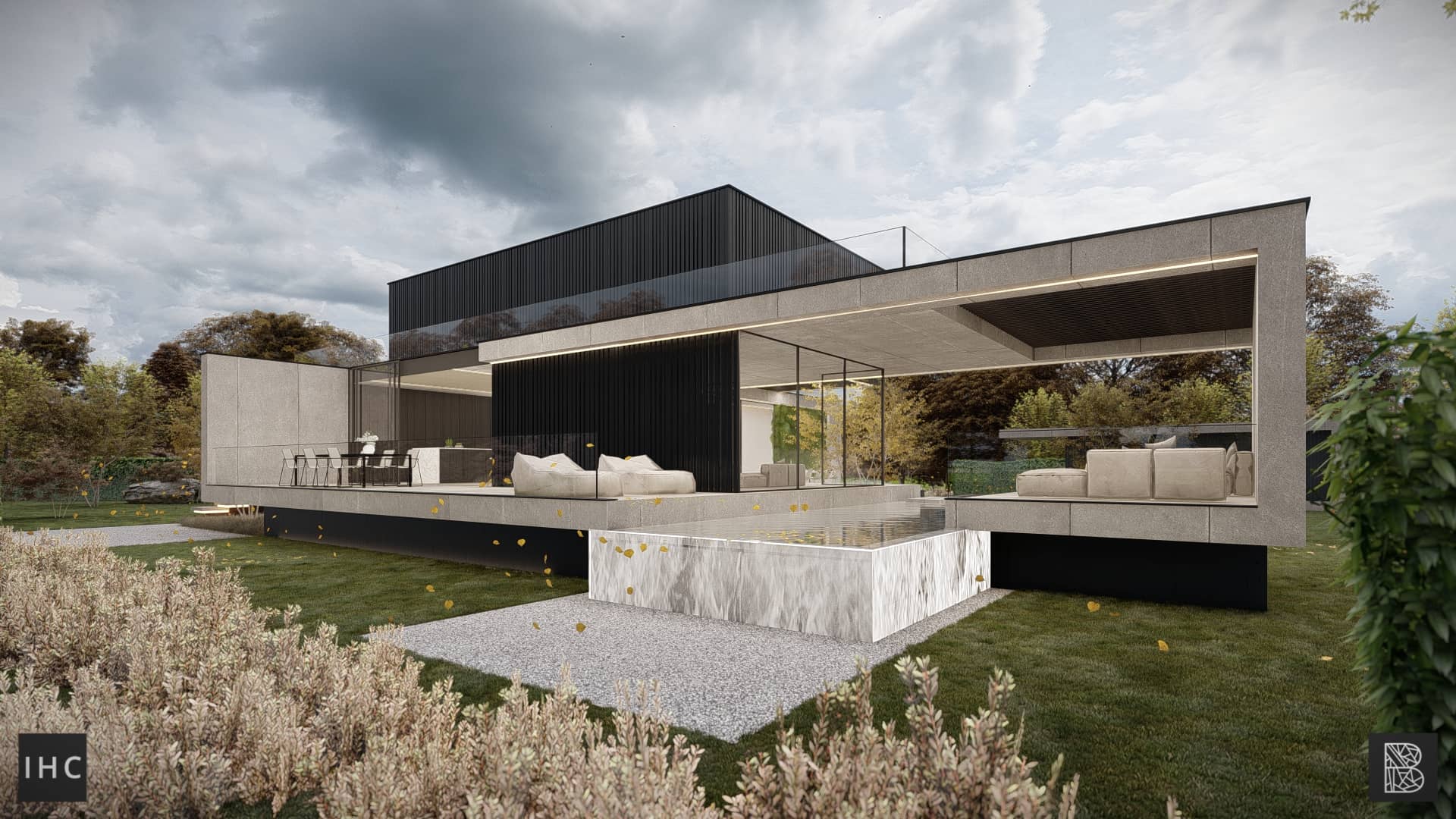 Moderne villa met donkere houten gevel, grote glaspartijen, overdekt terras, loungegedeelte en strakke waterpartij in een groene tuin.