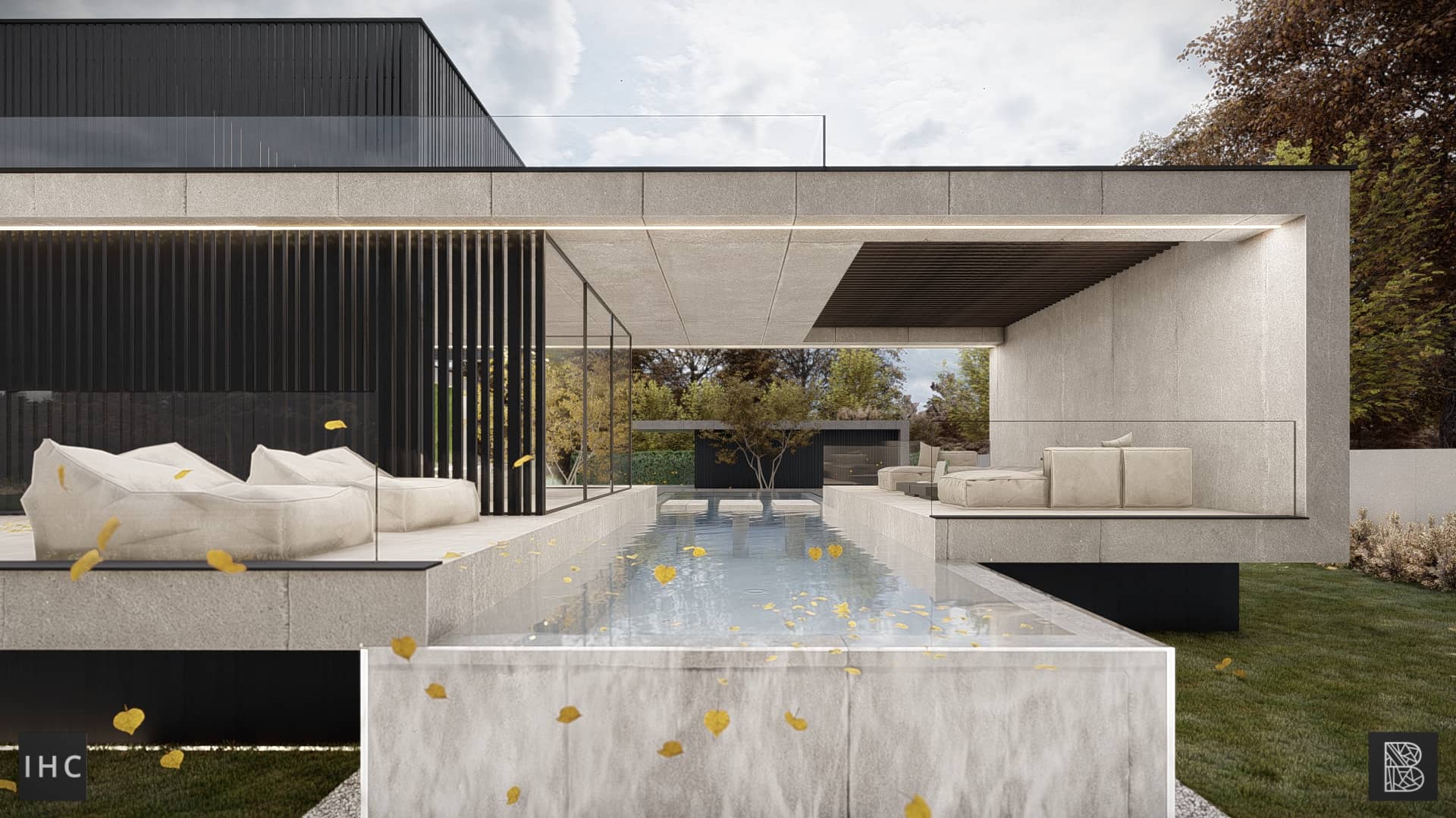 Luxe moderne villa met zwembad, overdekte lounge, donkere lamellengevel en strakke natuurstenen volumes in een groene omgeving.