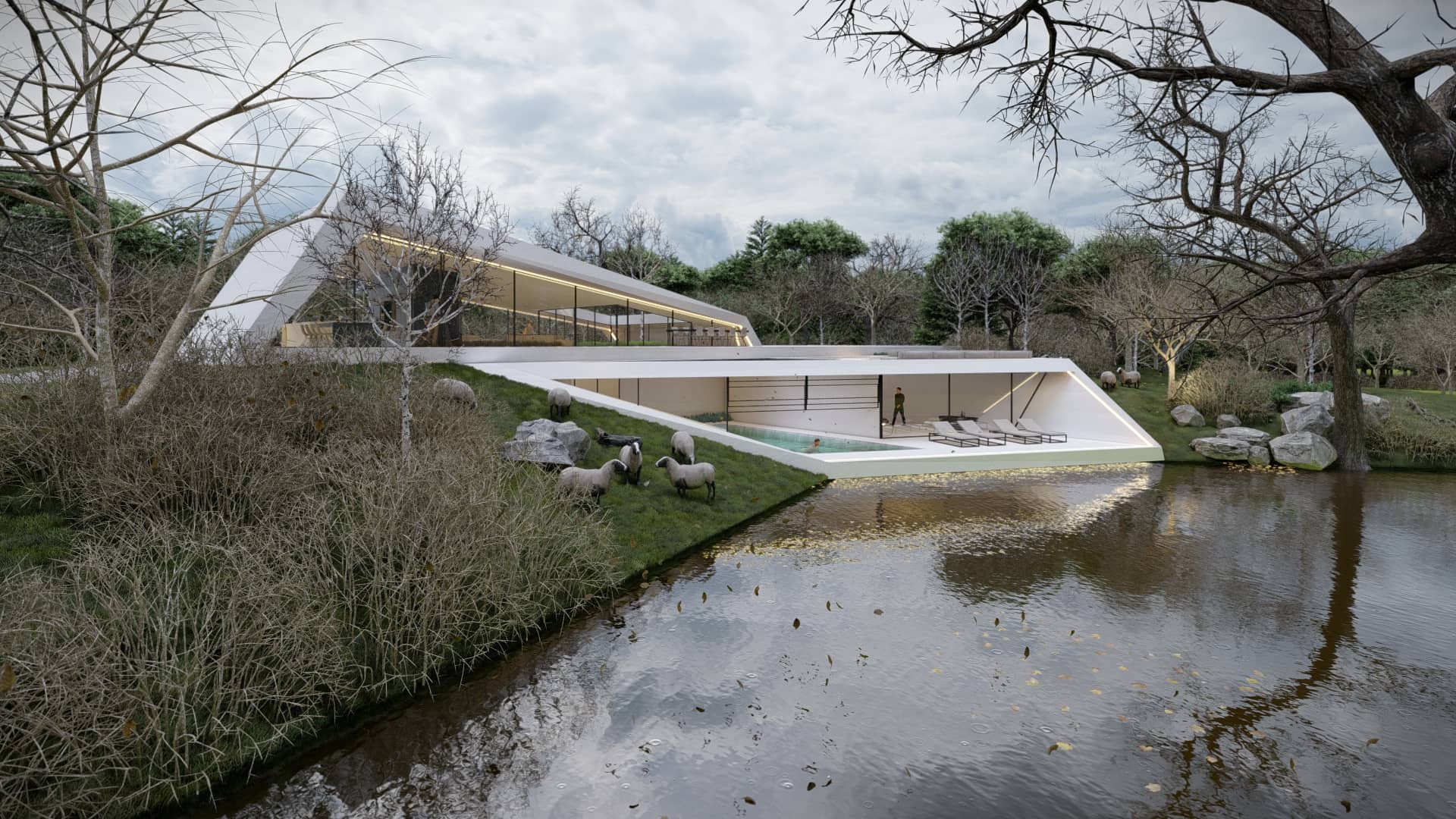 Architectonische villa met witte volumes, lange trap, grote glaspartijen en glooiend groen landschap.