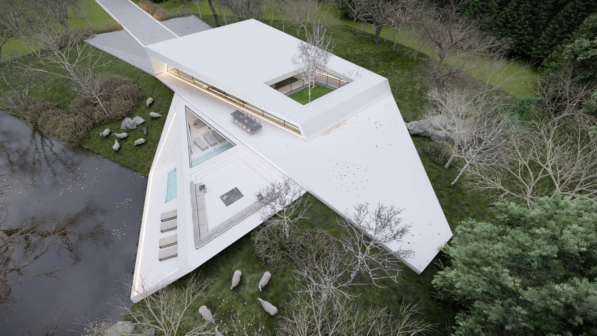 Zwembadterras van een moderne villa met ligbedden, glaspuien, witte gevelvlakken en strakke lijnverlichting.