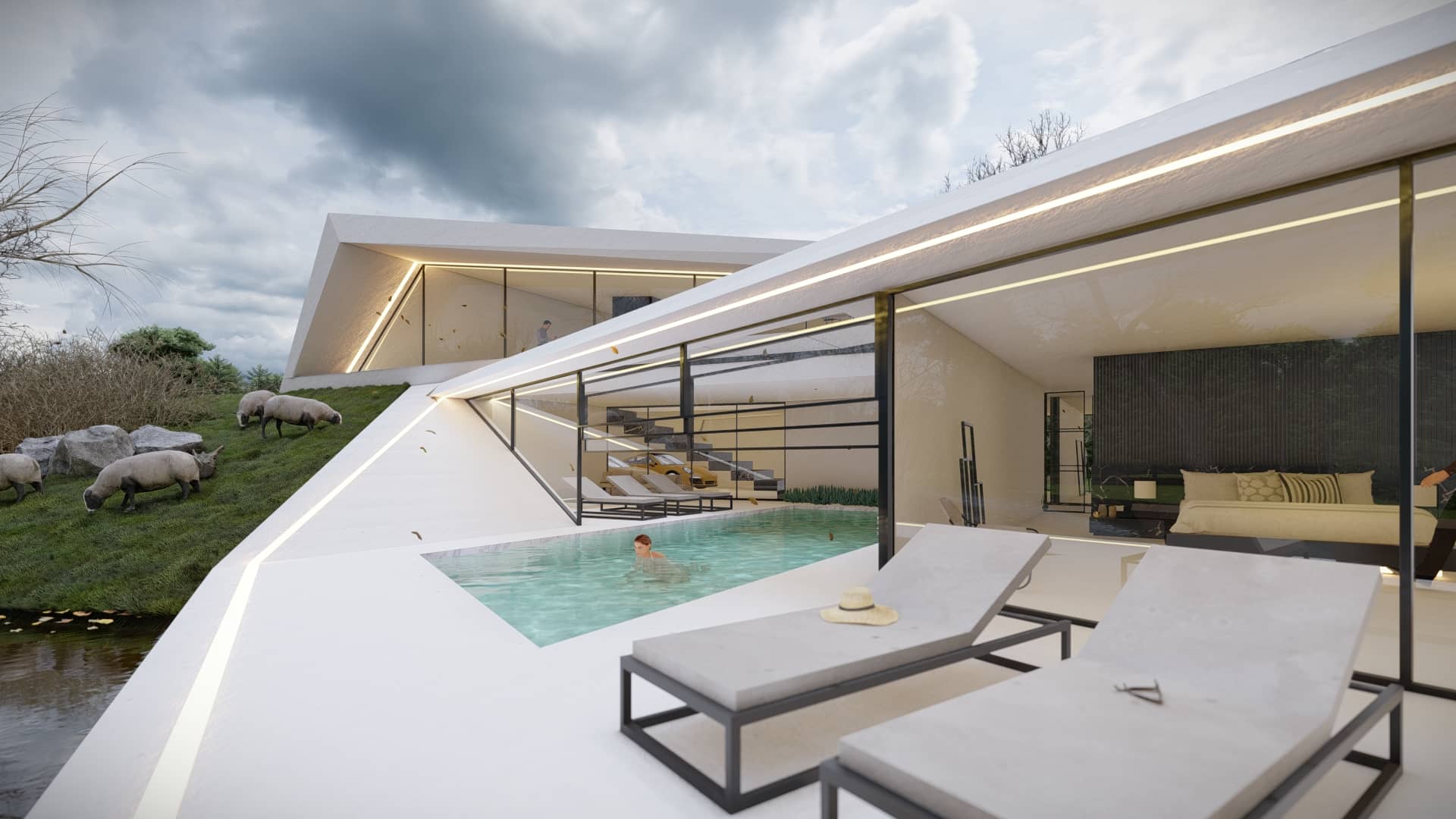 Moderne villa met groot wit dakvlak, glazen gevels en een natuurlijke tuin met bomen en groen rondom.
