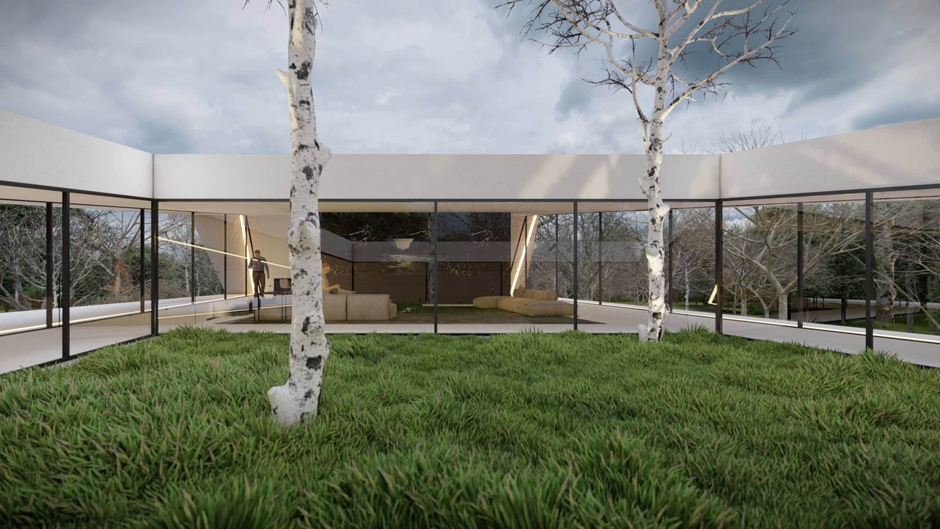 Luxe witte villa met hellende architectonische vormen, geïntegreerde verlichting en uitzicht op water en natuur.