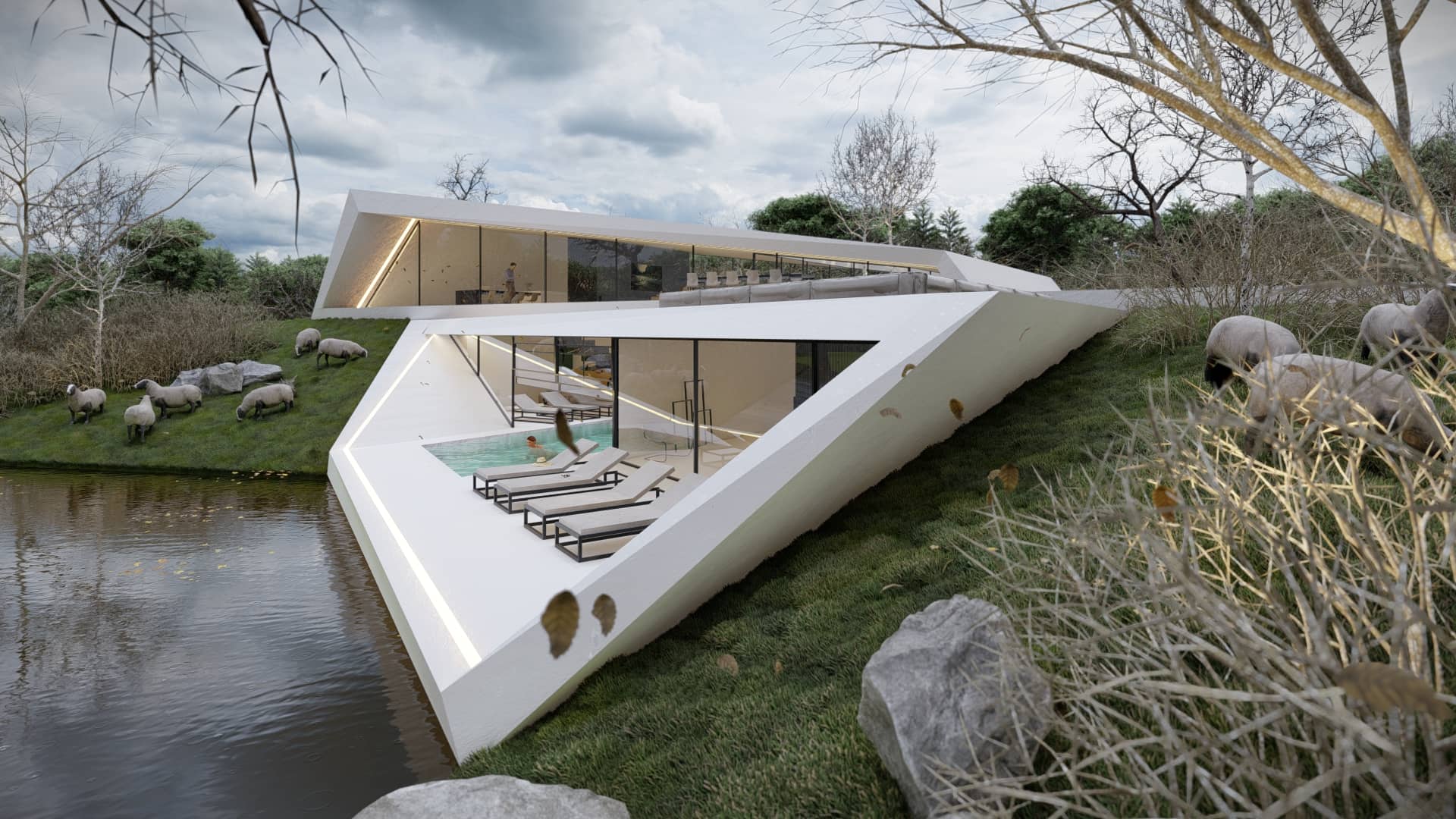 Witte moderne villa aan een vijver met spiegeling in het water, glasgevels en warme lijnverlichting.