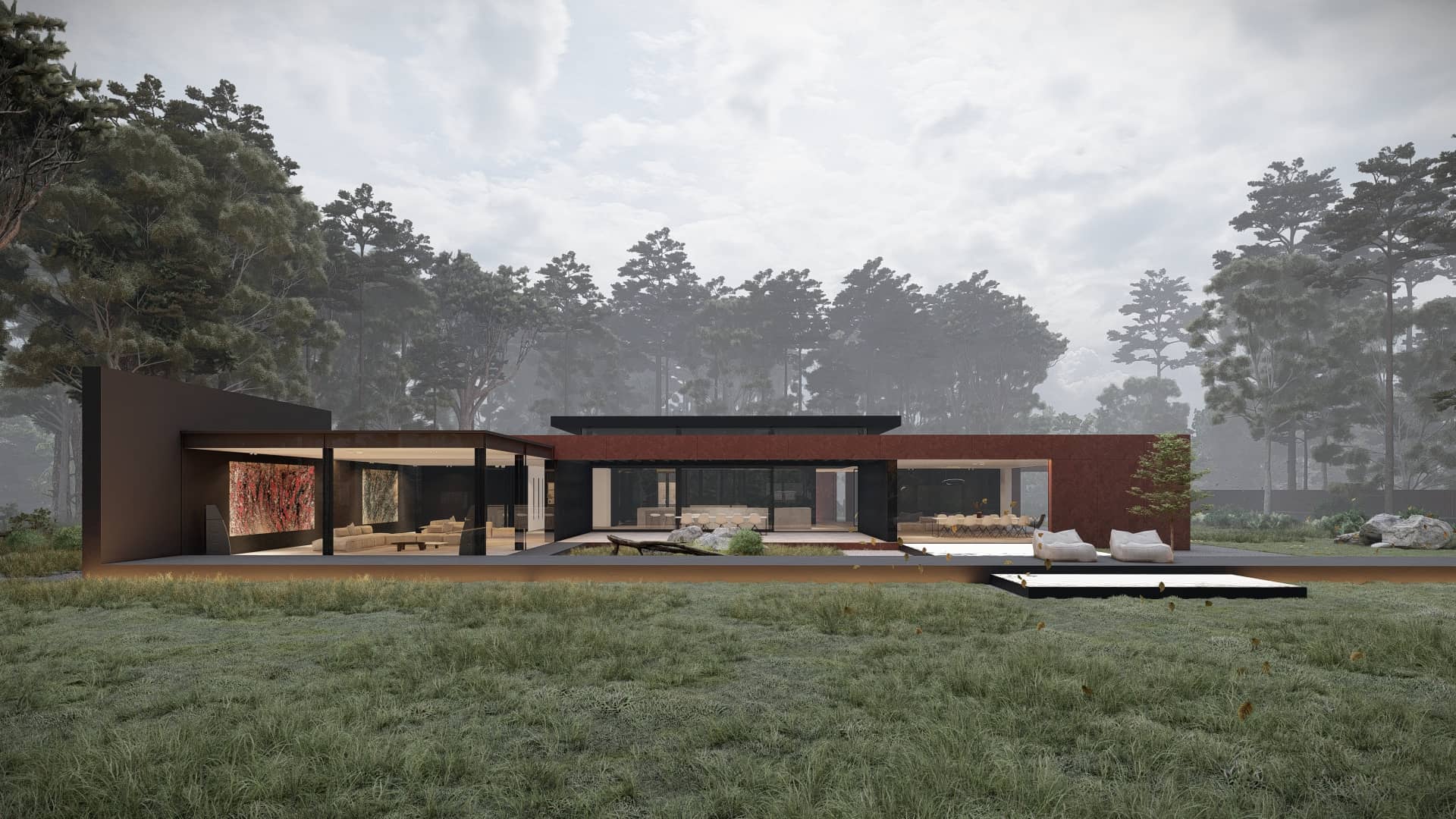 Lange moderne bungalow met open glasgevels, roodbruine en zwarte accenten, terras en loungeplekken in een natuurlijke tuin.