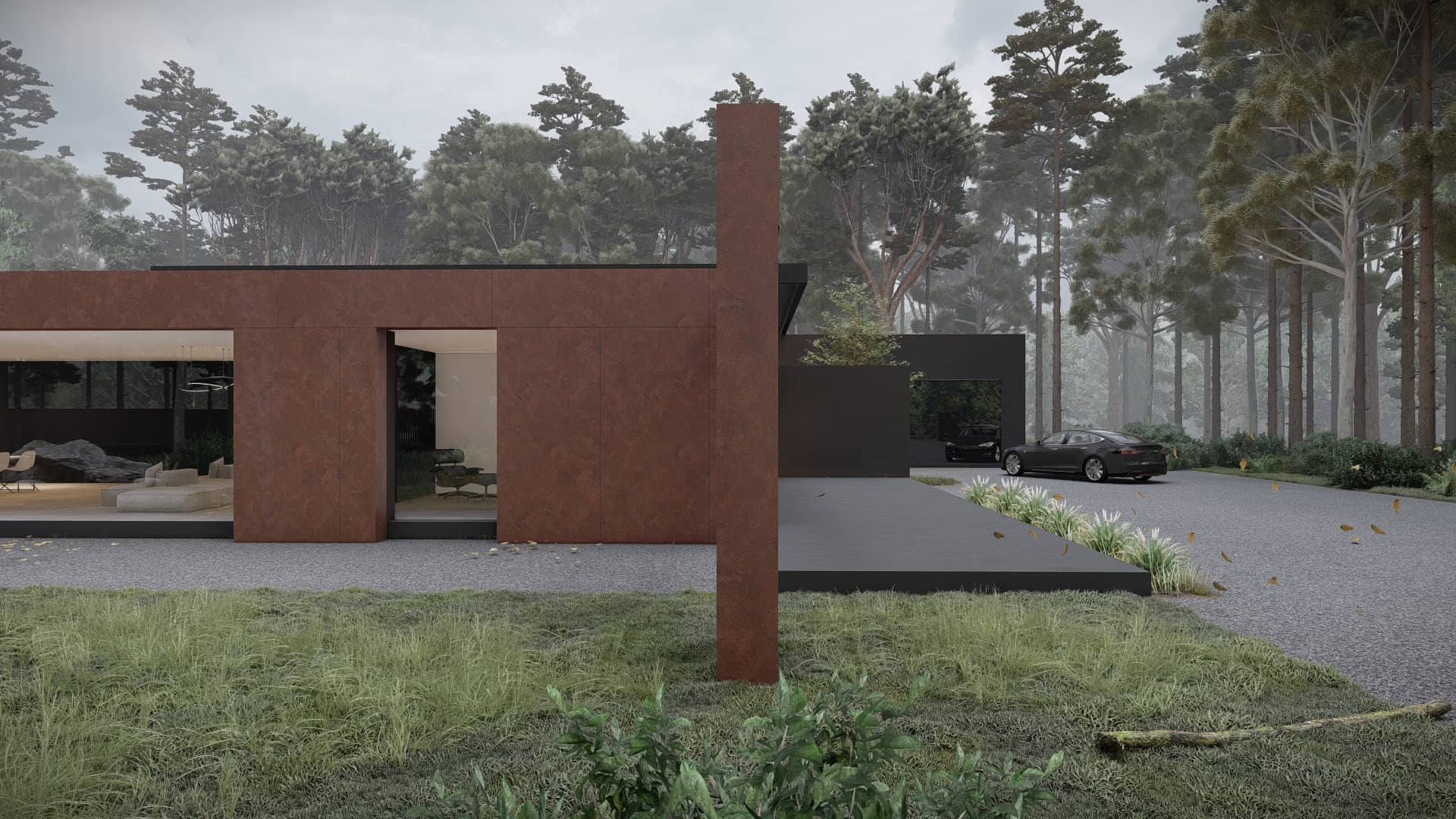 Moderne woning met roodbruine gevelvlakken, verticale schoorsteen, zwarte entreepartij en oprijlaan met auto’s tussen bomen.