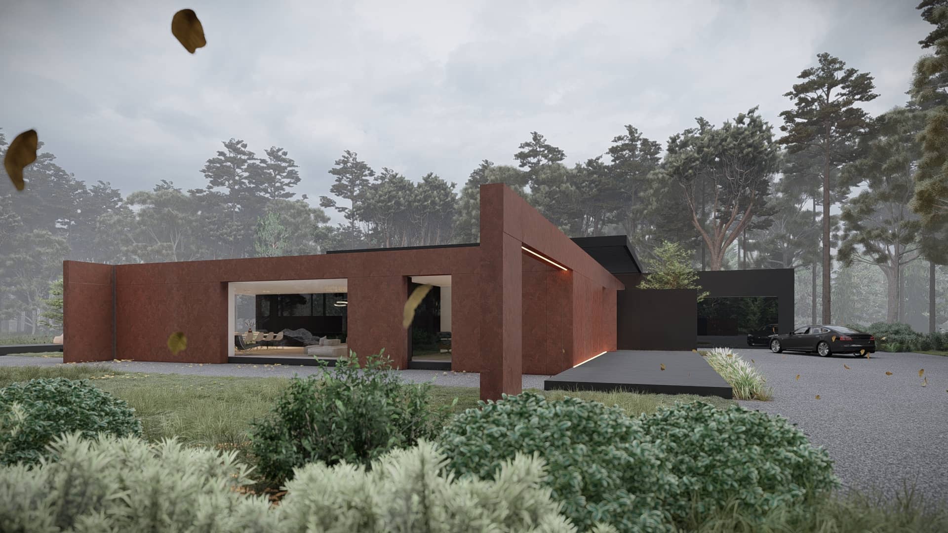 Strakke moderne bungalow met roodbruine gevel, grote raamopeningen, zwarte volumes en oprijlaan tussen natuurlijke beplanting.