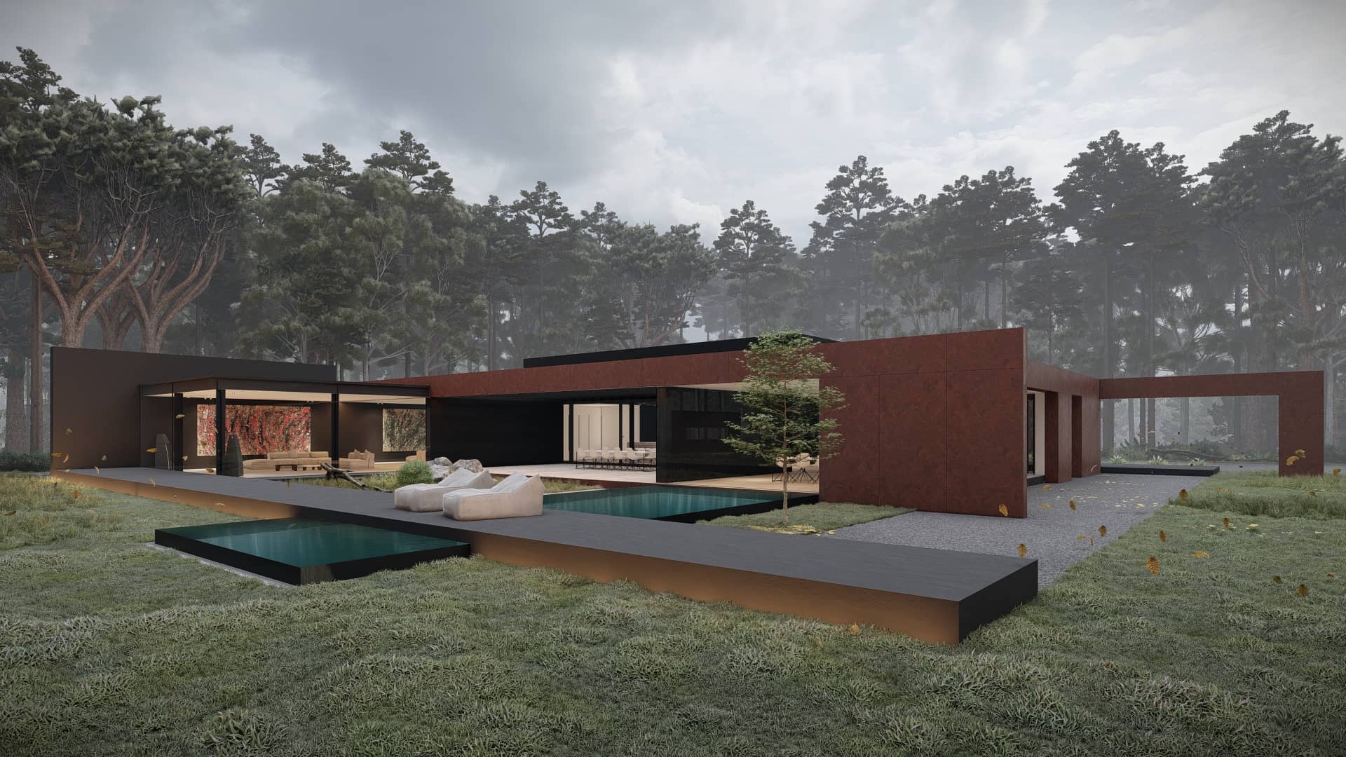 Moderne gelijkvloerse villa met roodbruine gevel, zwarte volumes, zwembad en loungeplekken in een mistig boslandschap.