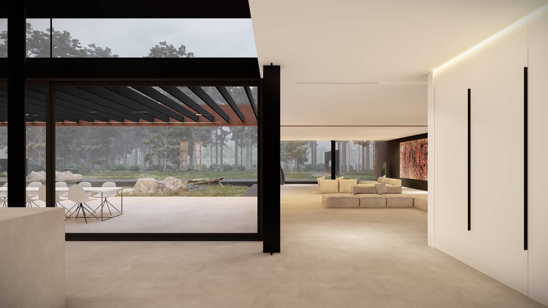 Minimalistisch interieur met lichte vloer, grote glaswand, open leefruimte en uitzicht op terras, tuin en bosrijke omgeving.