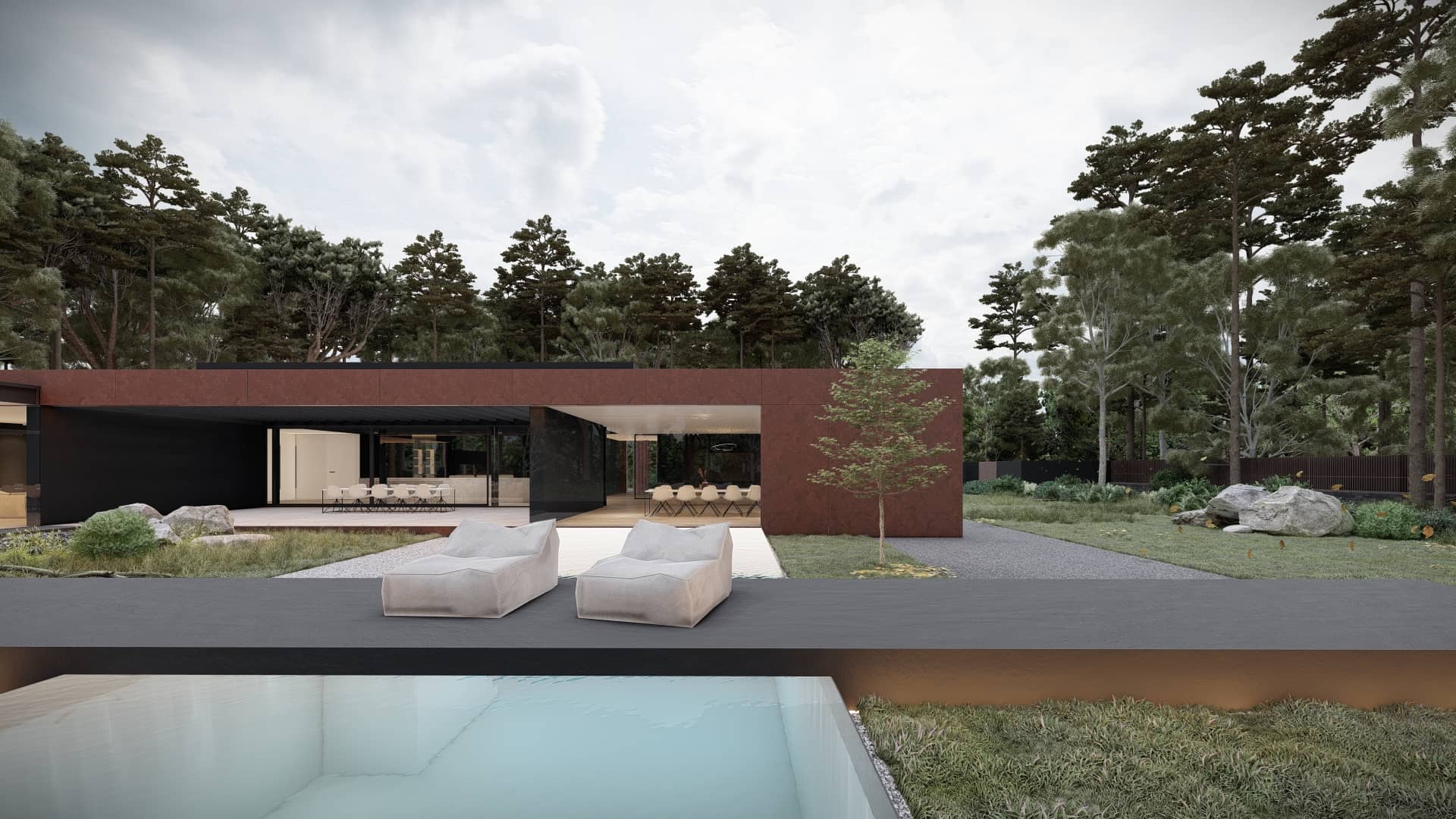 Moderne design bungalow met roodbruine gevel, open leefruimte, zwembad en loungegedeelte in een bosrijke omgeving.