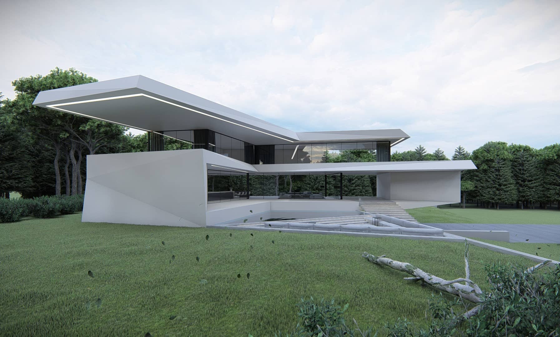 Luxe moderne villa met overstekend dak, geïntegreerde verlichting, zwembad en ruim buitenterras.