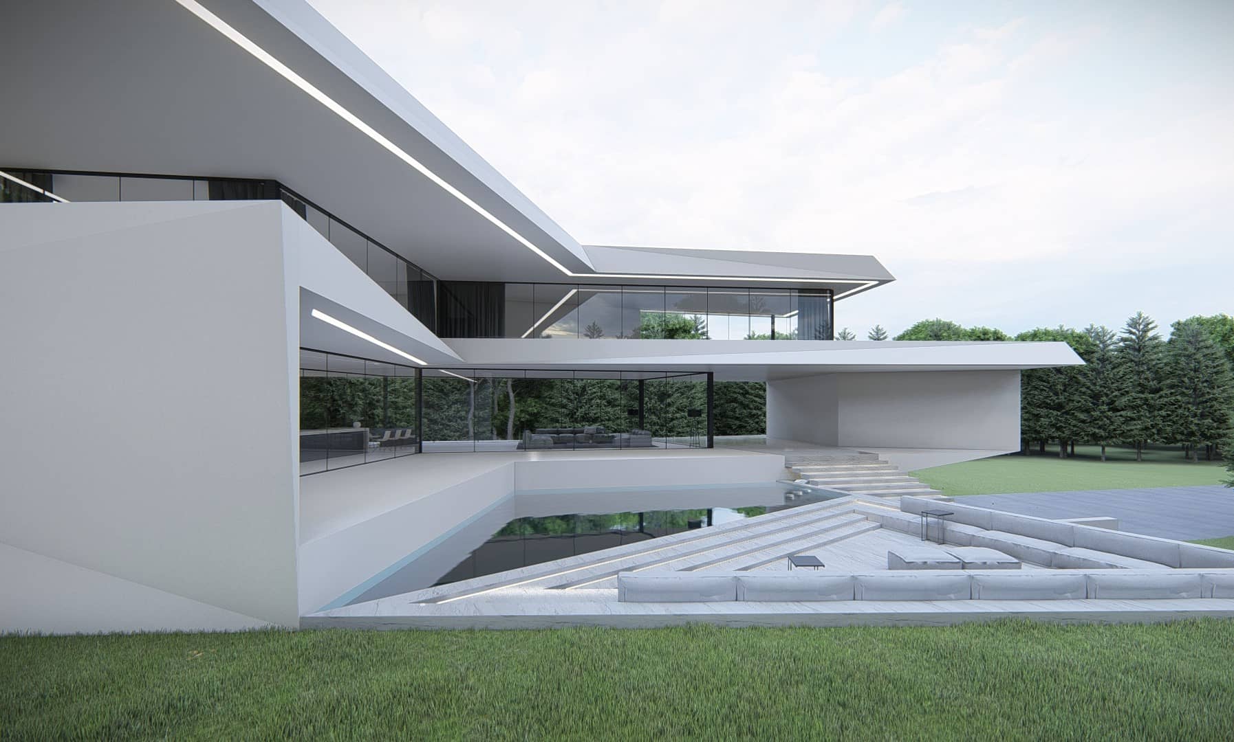 Glazen hoekgevel van een moderne villa met open zicht op de woonkamer, keuken en omliggende tuin.