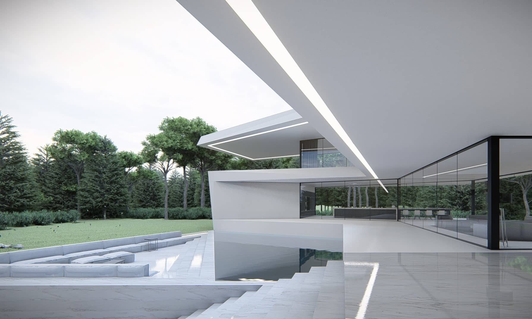 Moderne witte villa met strakke lijnen, zwevende trap en grote glaspartijen in een groene tuinomgeving.