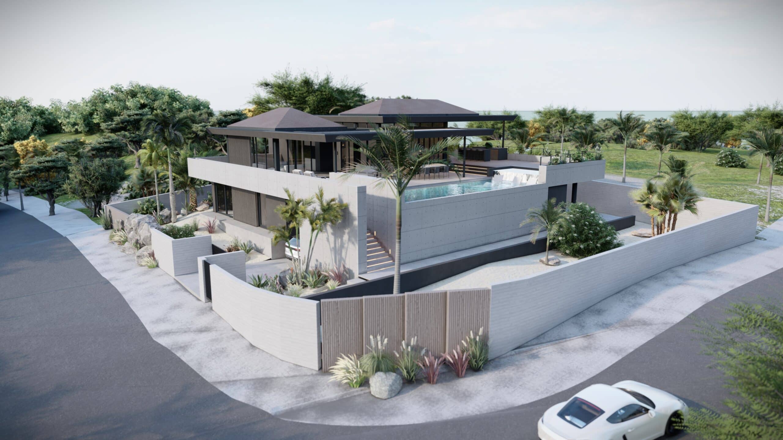 Moderne hoekvilla met zwembad, tropische tuin en strakke architectuur.