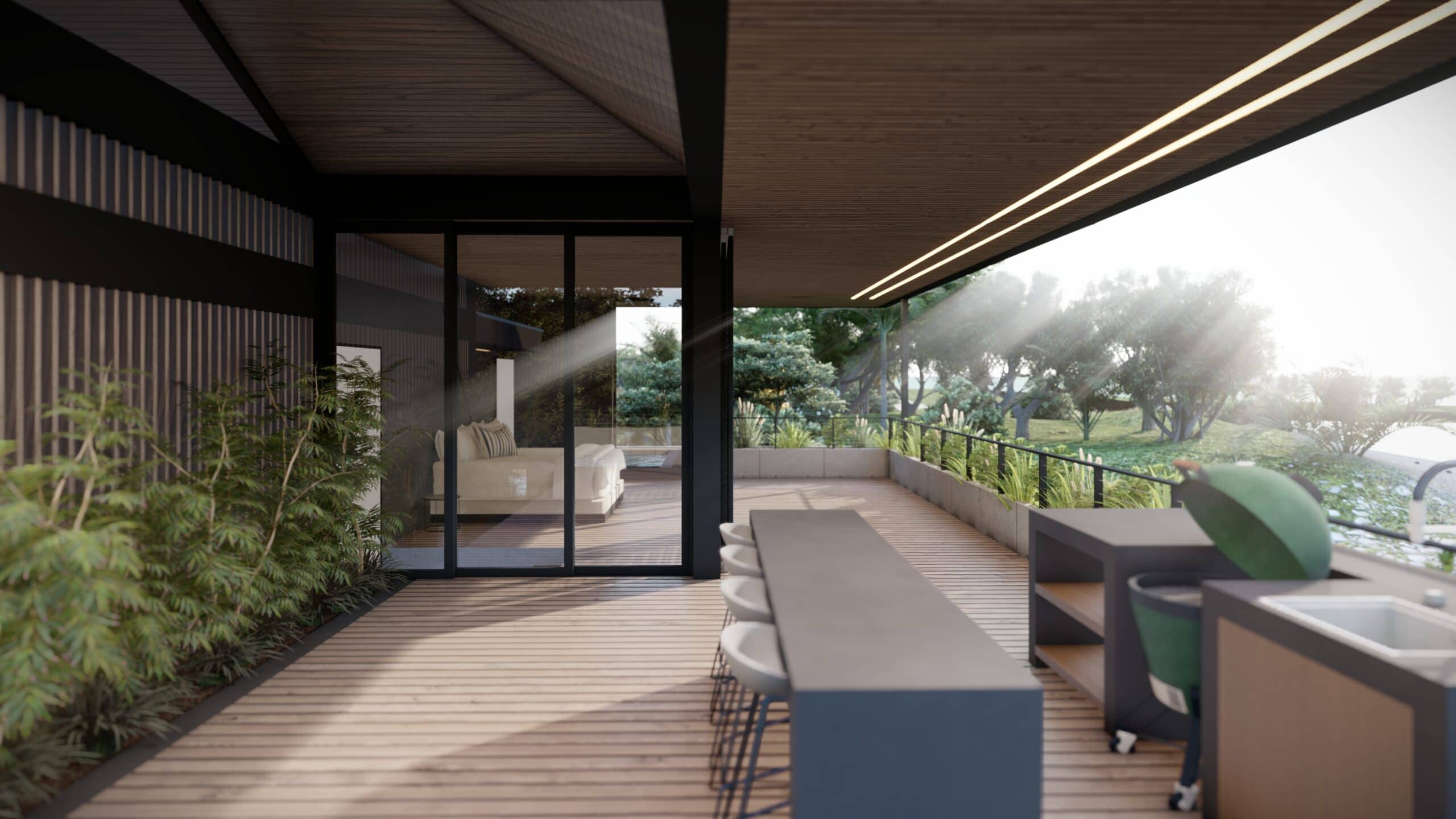 Luxe terras met buitenkeuken, houten plafond en uitzicht op tropische tuin.