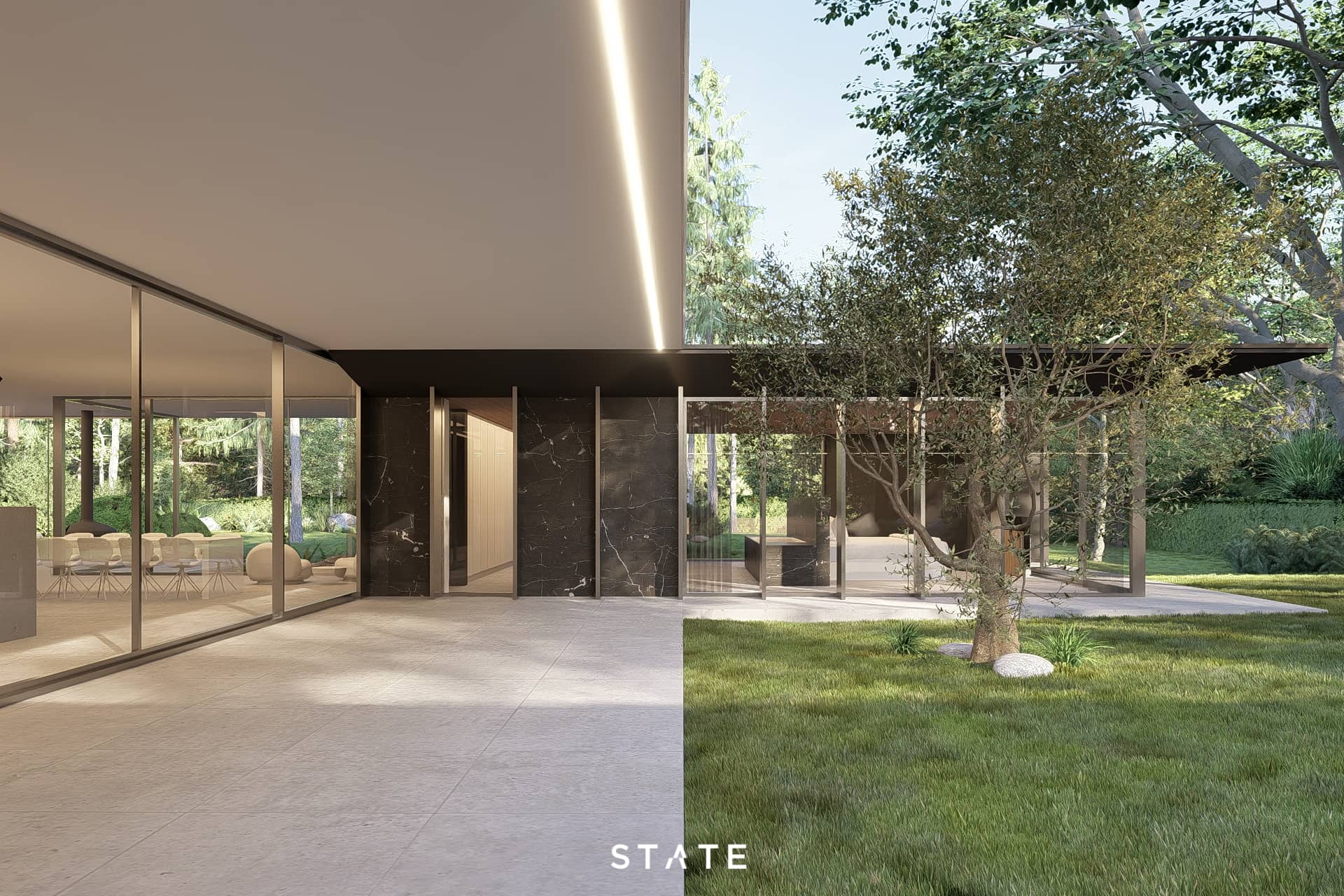 Moderne villa met binnentuin, glasgevels en natuursteen details.