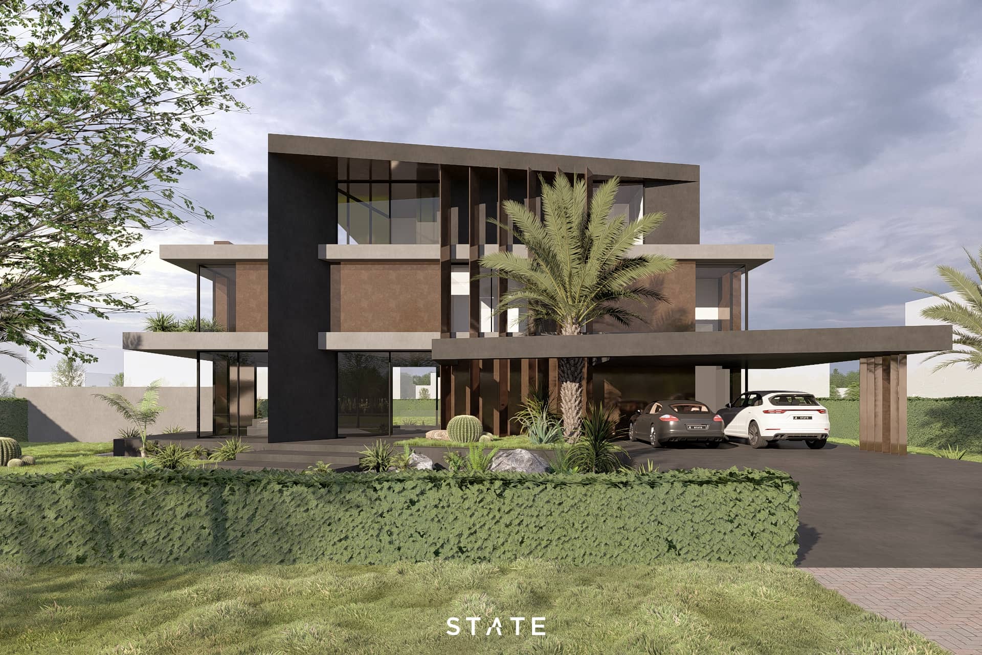 Moderne luxe villa met tropische beplanting, royale glaspartijen en een overdekte carport.