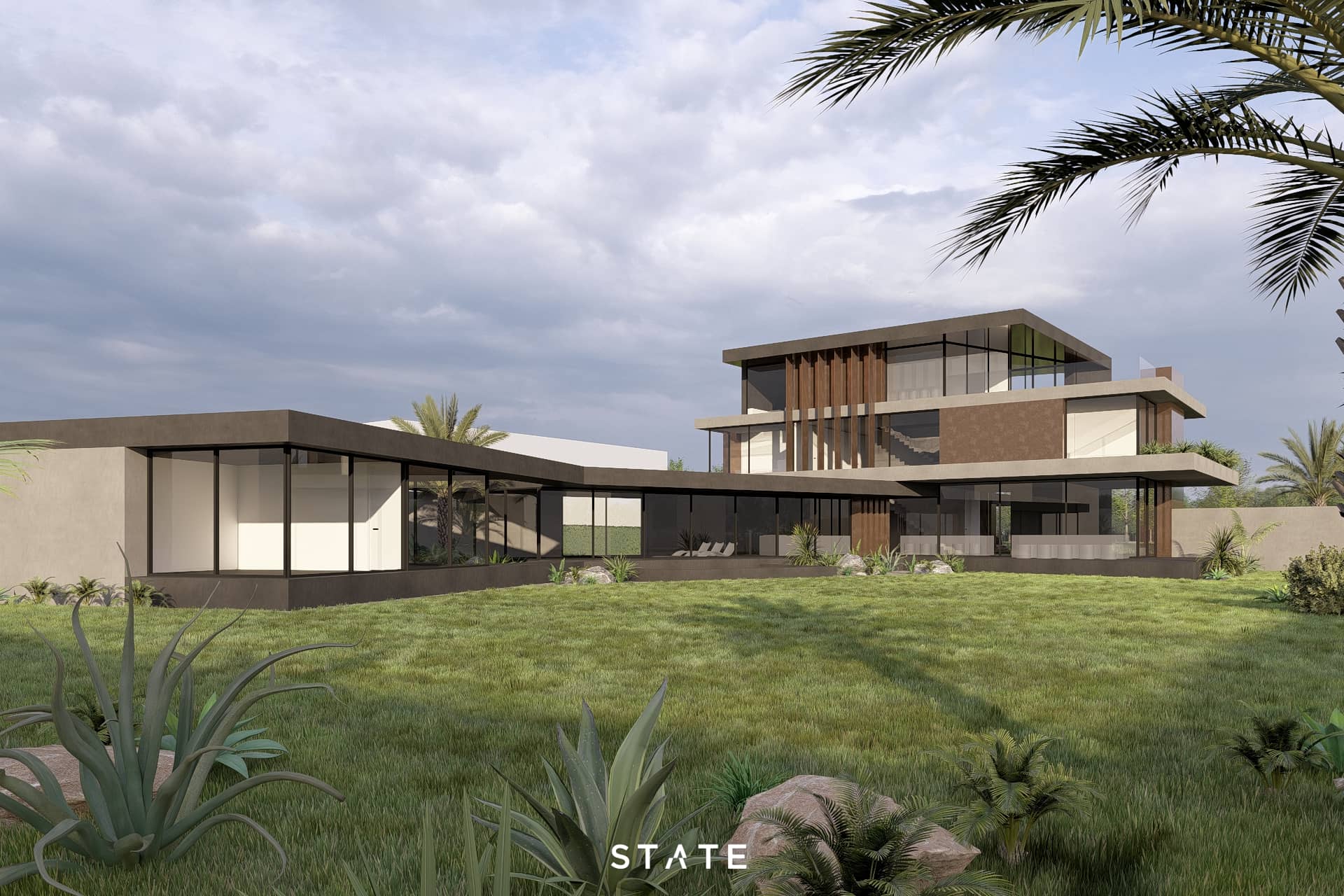 Moderne luxe villa met tropische tuin, grote glaspartijen en eigentijdse architectuur.